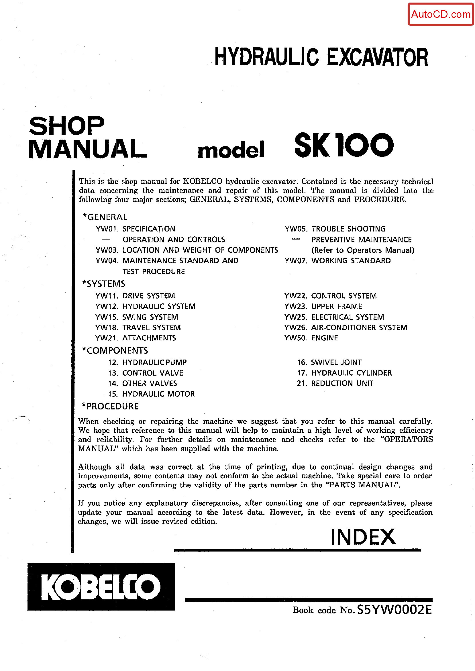 Kobelco SK100 Hydraulic Excavator Service Manual