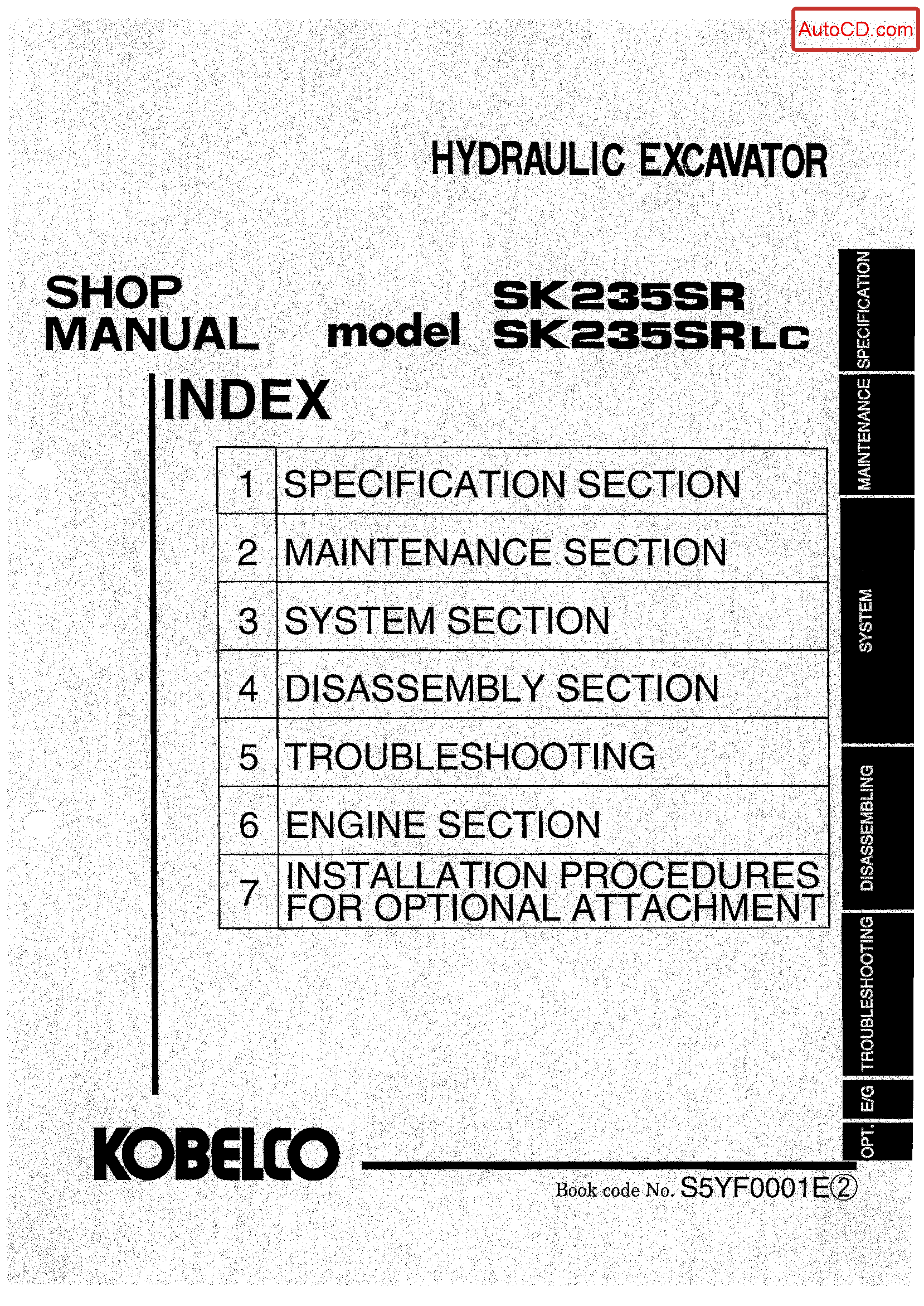 Kobelco SK235SR SK235SRLC Hydraulic Excavator Service Manual