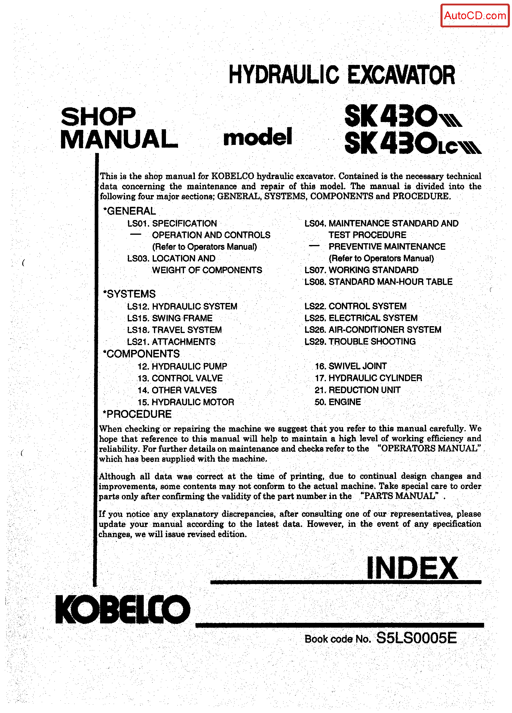 Kobelco SK430 SK430LC Hydraulic Excavator Service Manual