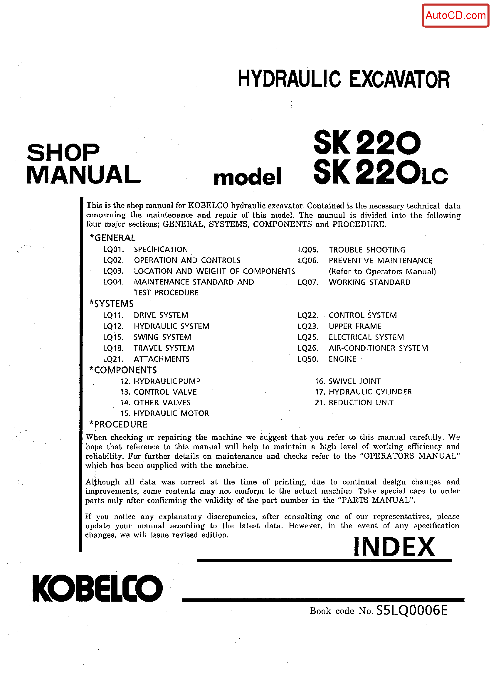 Kobelco SK220 SK220LC Hydraulic Excavator Service Manual