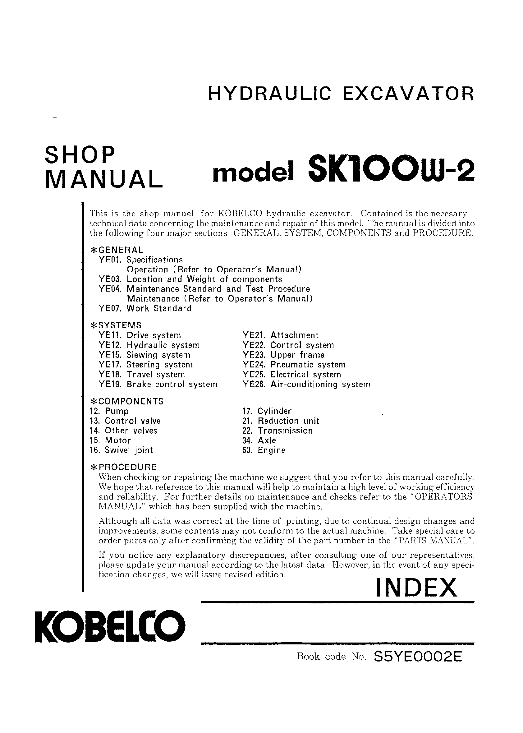 Kobelco SK110W-2 Hydraulic Excavator Service Manual