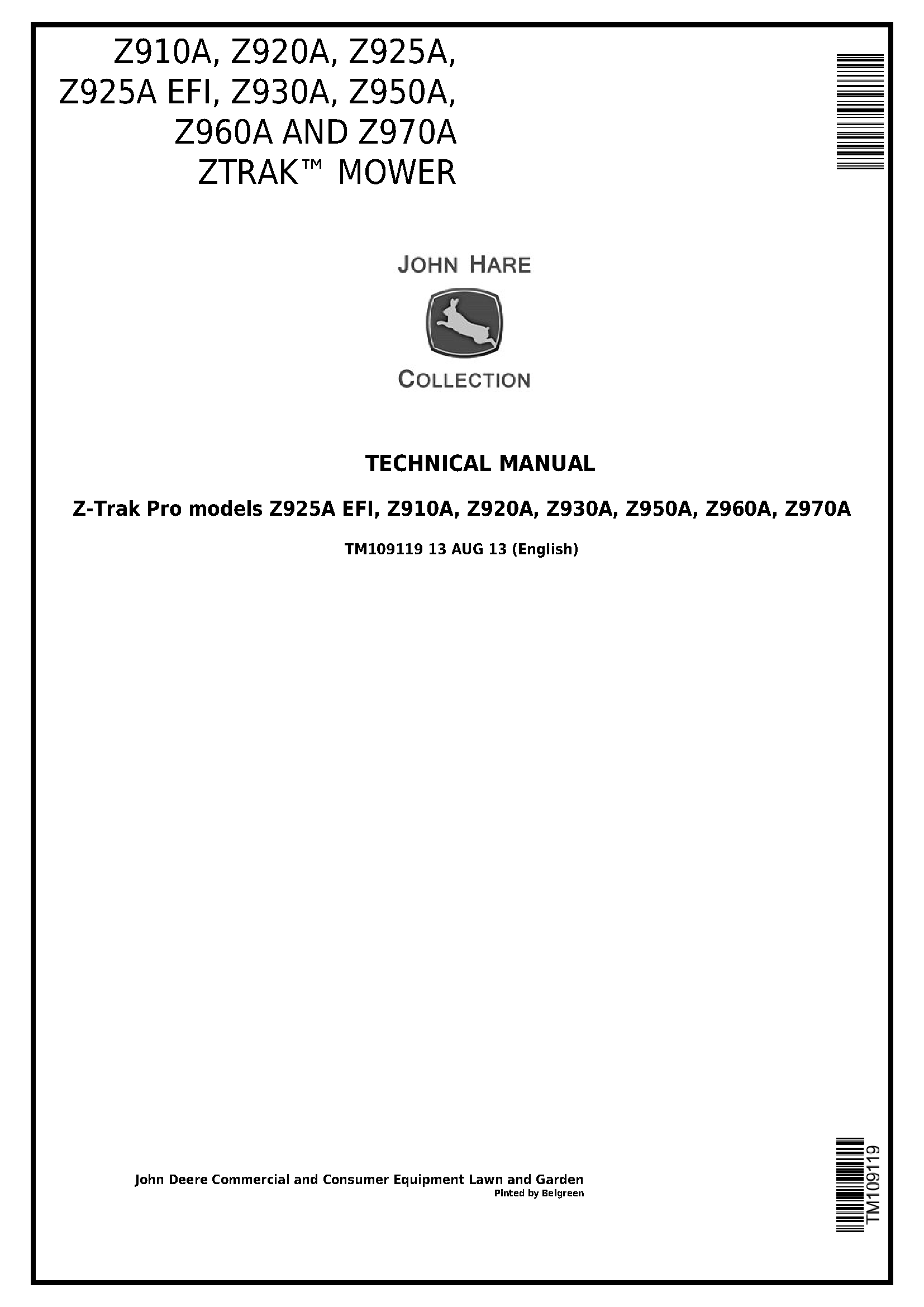 John Deere Z910A, Z920A, Z925A, Z930A, Z950A, Z960A, Z970A ZTrak Mower Technical Manual - TM109119