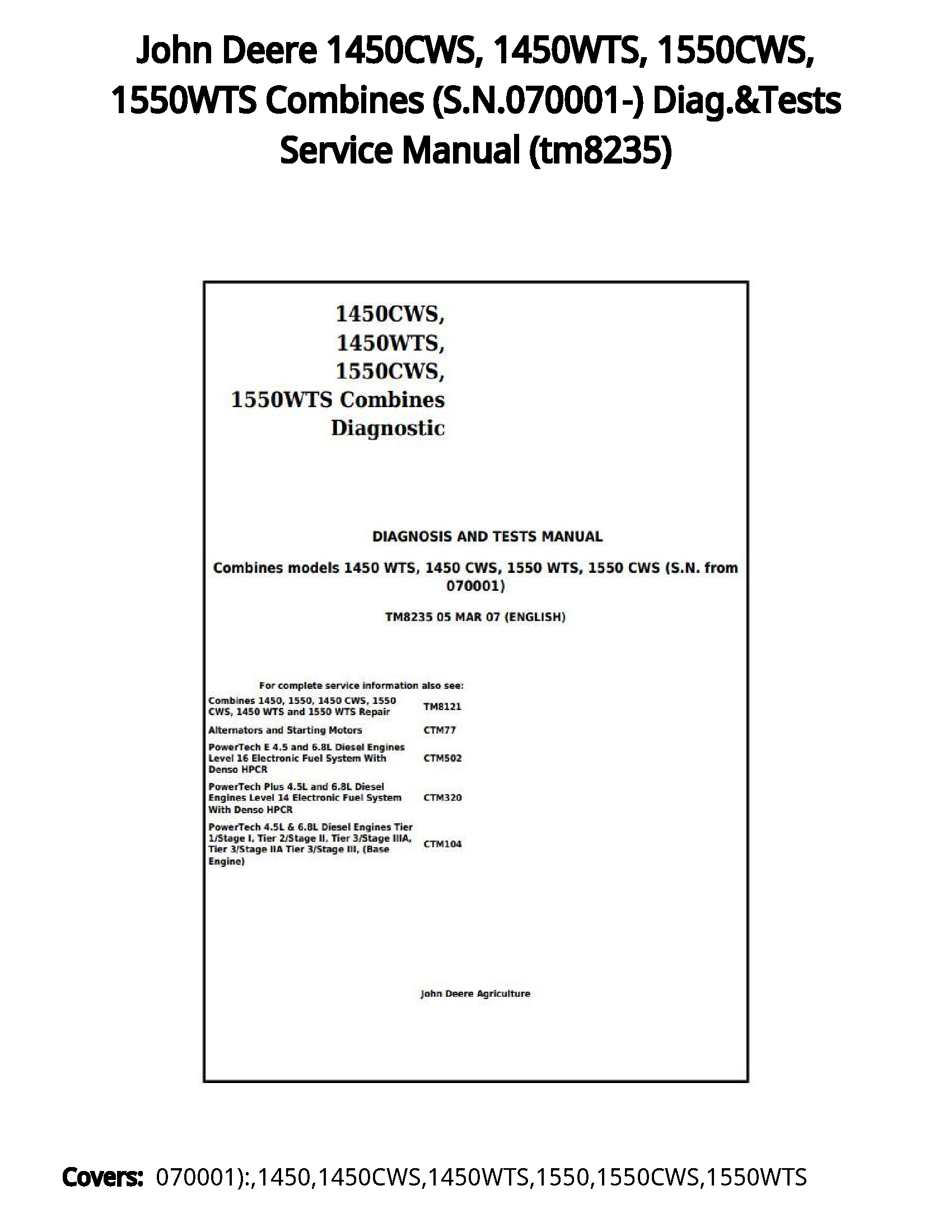 John Deere 1450CWS  1450WTS  1550CWS  1550WTS Combines (S.N.070001-) Diag.&Tests Service Manual - tm8235