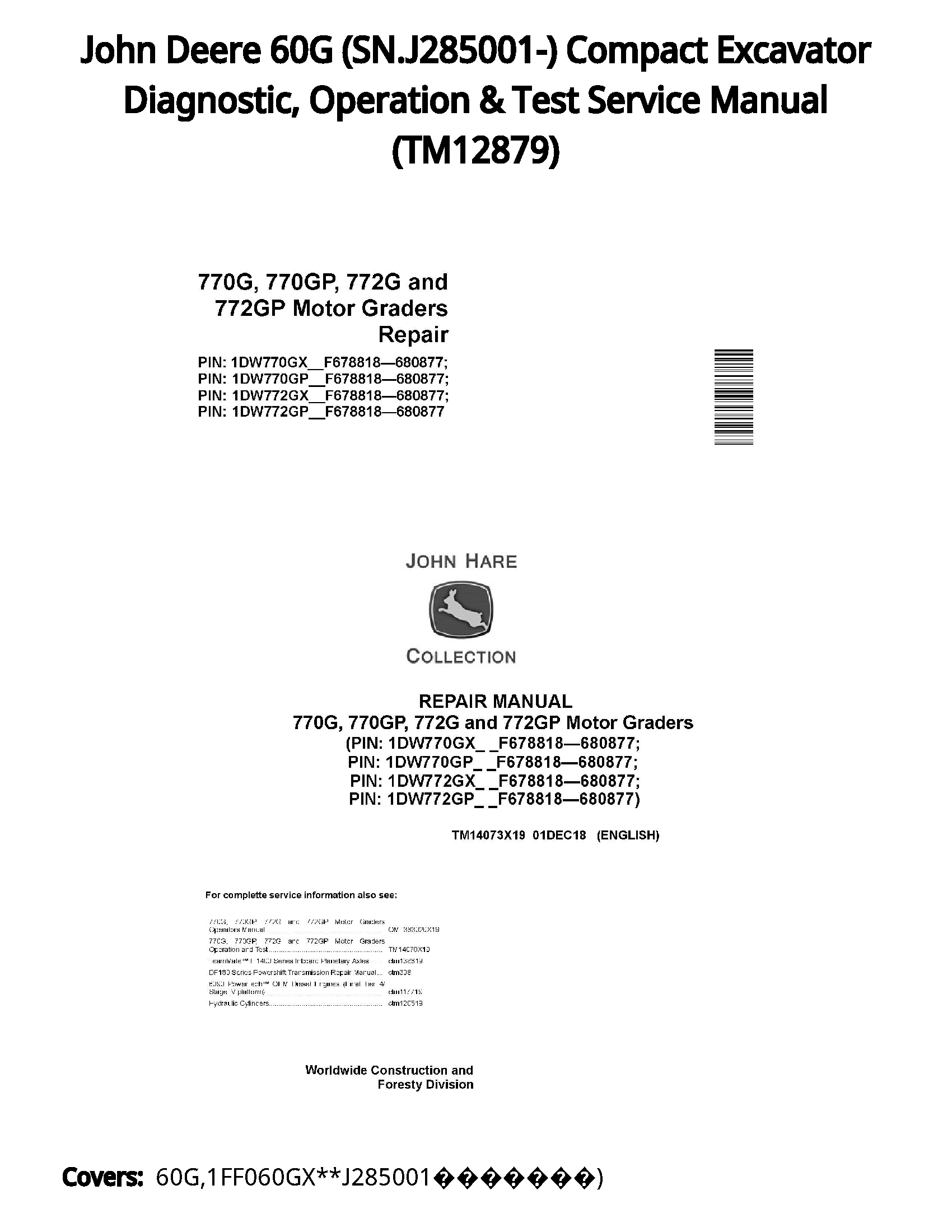 John Deere 60G (SN.J285001-) Compact Excavator Diagnostic  Operation & Test Service Manual - TM12879