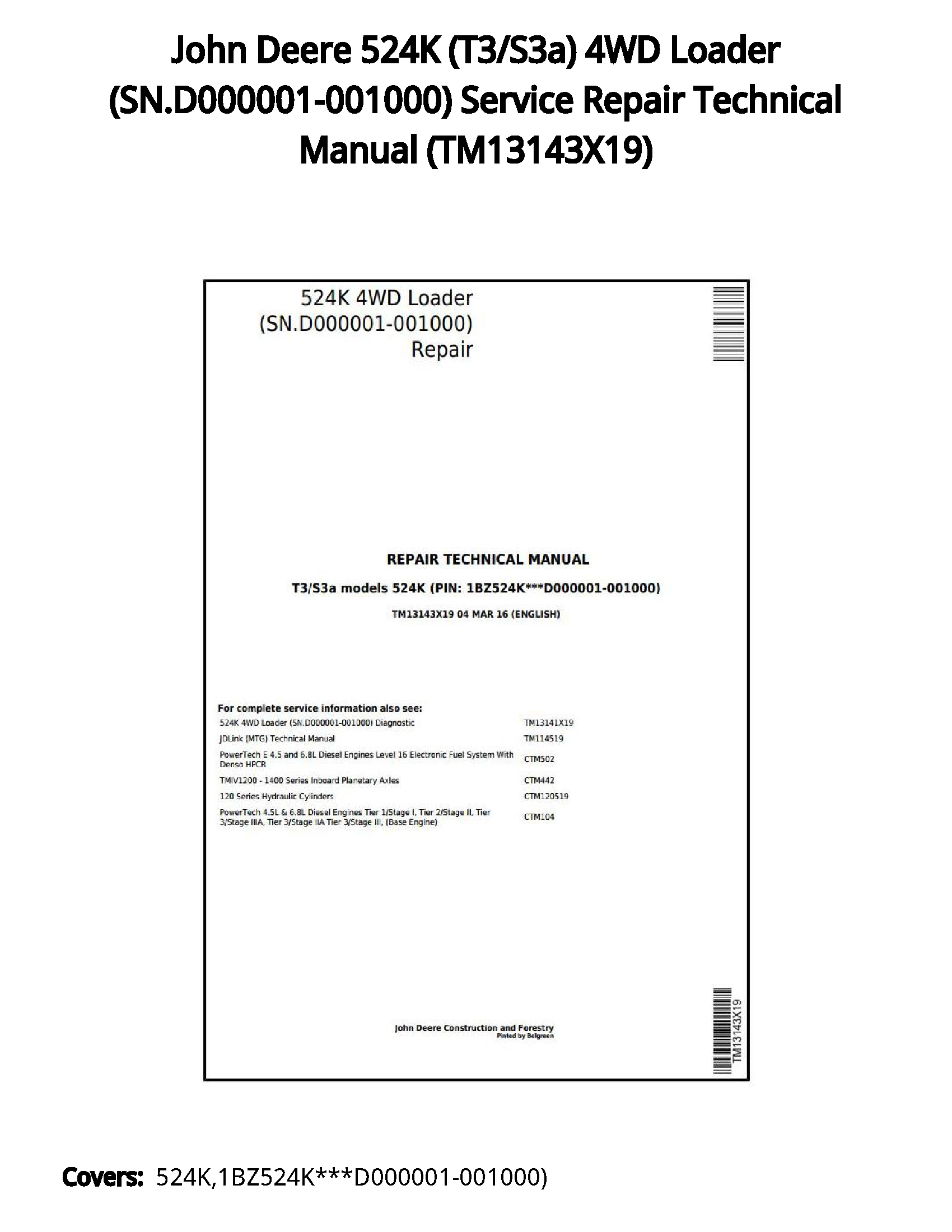 John Deere 524K (T3/S3a) 4WD Loader (SN.D000001-001000) Service Repair Technical Manual - TM13143X19