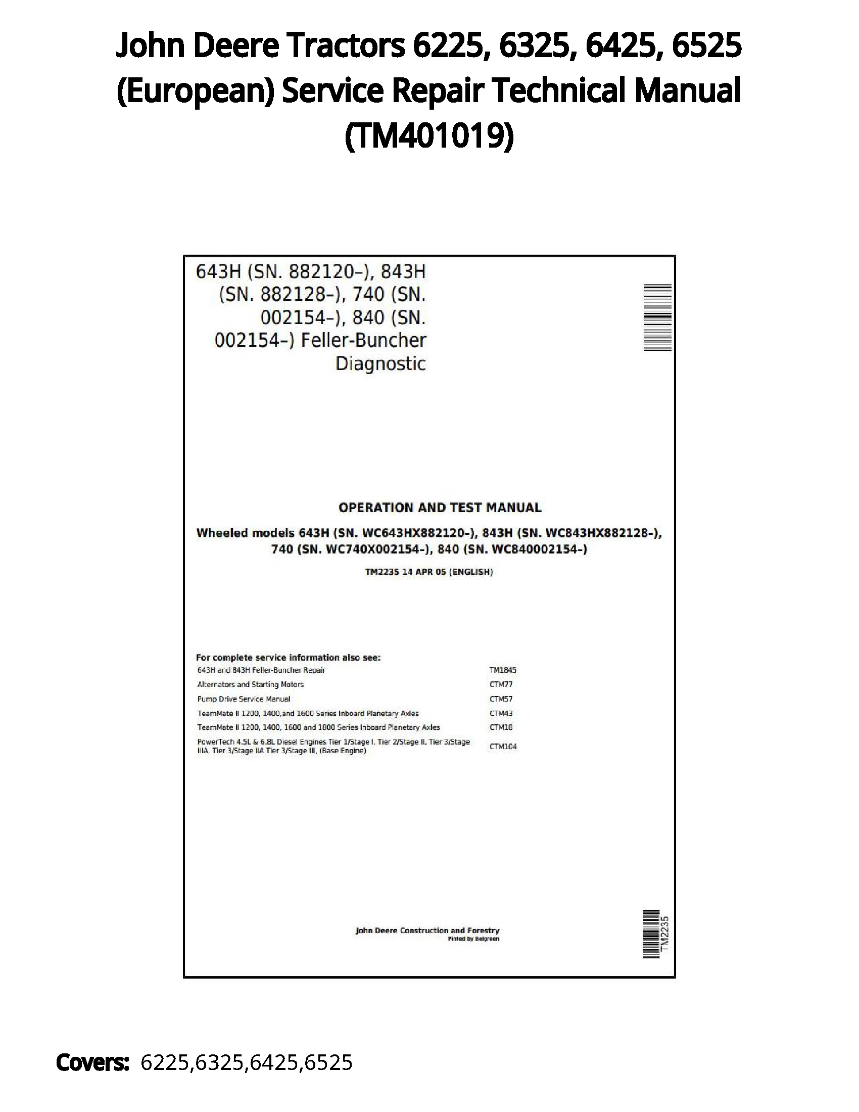 John Deere Tractors 6225  6325  6425  6525 (European) Service Repair Technical Manual - TM401019