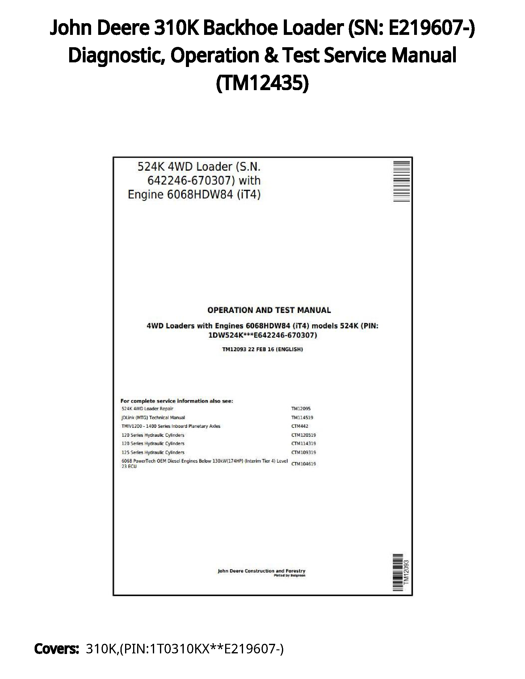 John Deere 310K Backhoe Loader (SN: E219607-) Diagnostic  Operation & Test Service Manual - TM12435