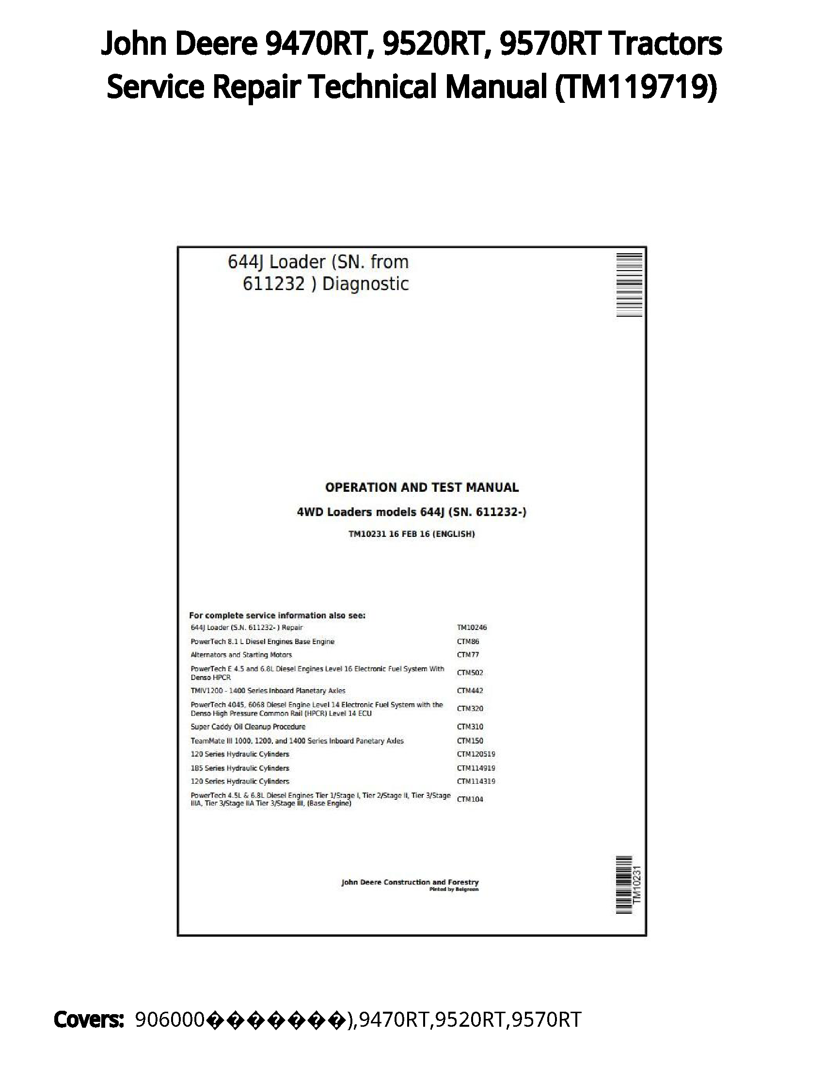 John Deere 9470RT  9520RT  9570RT Tractors Service Repair Technical Manual - TM119719