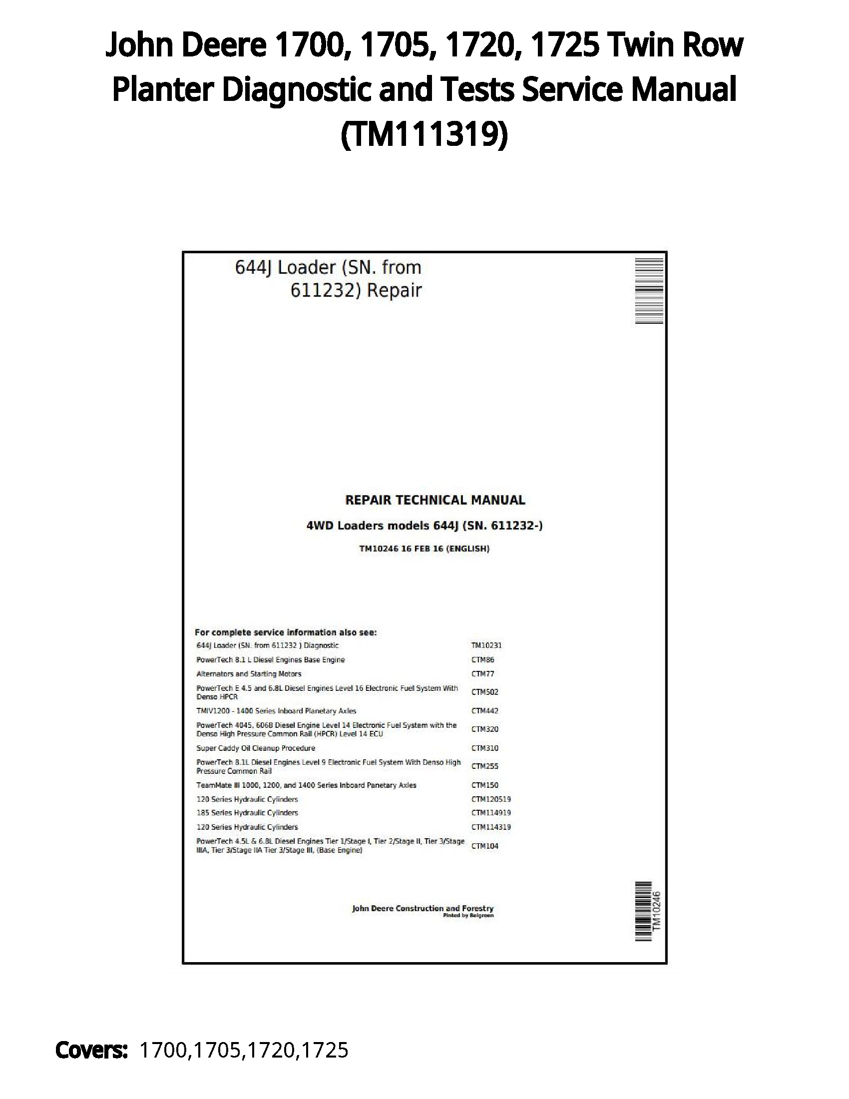 John Deere 1700  1705  1720  1725 Twin Row Planter Diagnostic and Tests Service Manual - TM111319