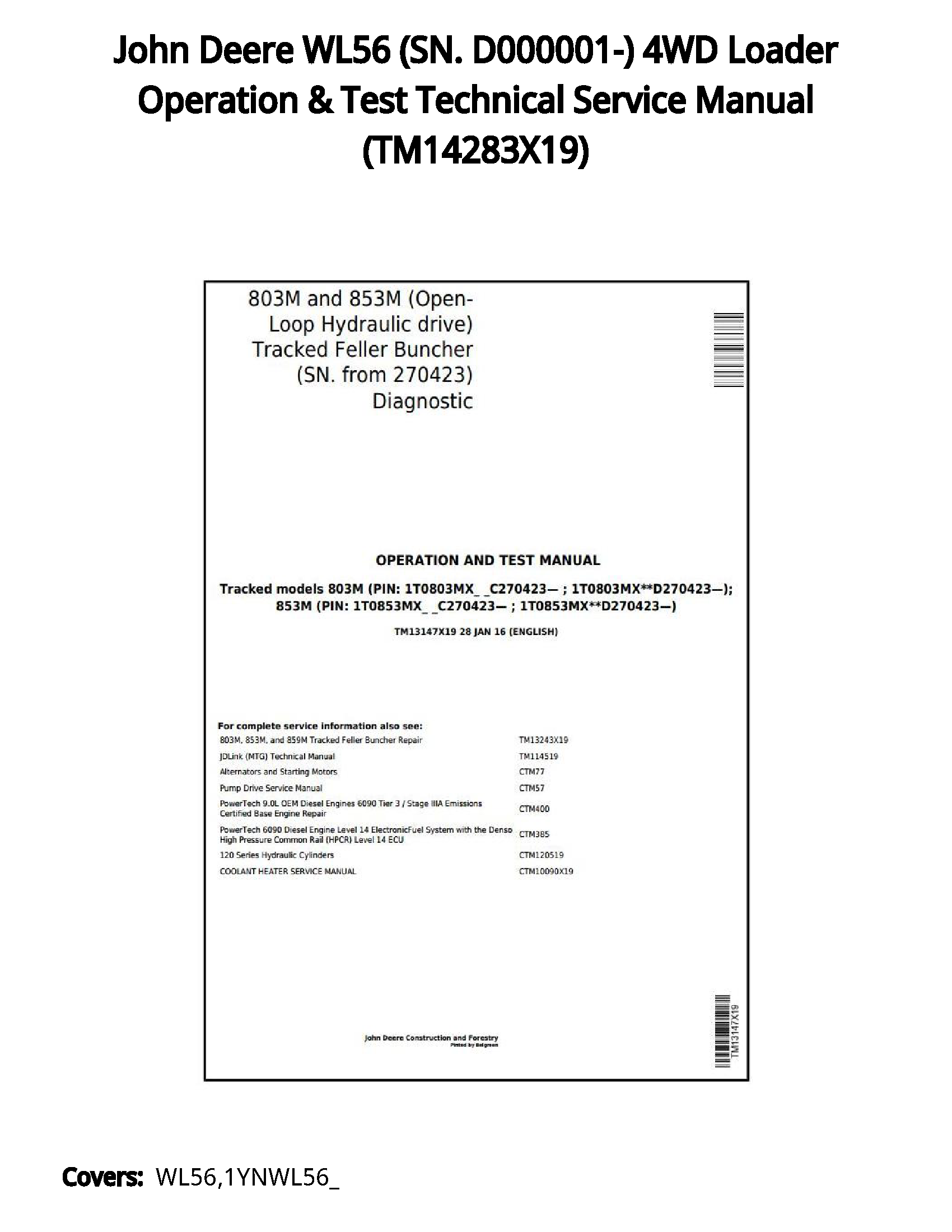 John Deere WL56 (SN. D000001-) 4WD Loader Operation & Test Technical Service Manual - TM14283X19