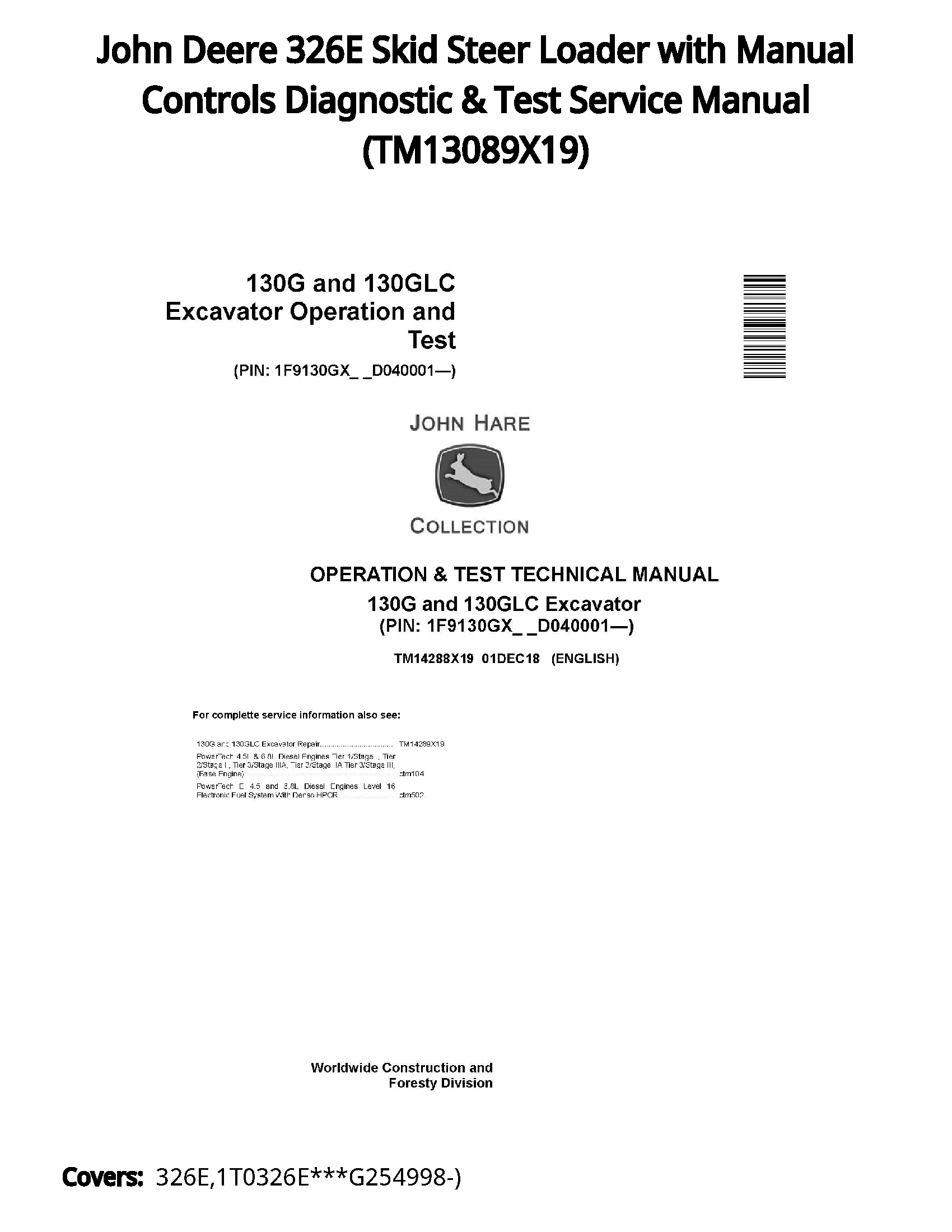 John Deere 326E Skid Steer Loader with Manual Controls Diagnostic & Test Service Manual - TM13089X19