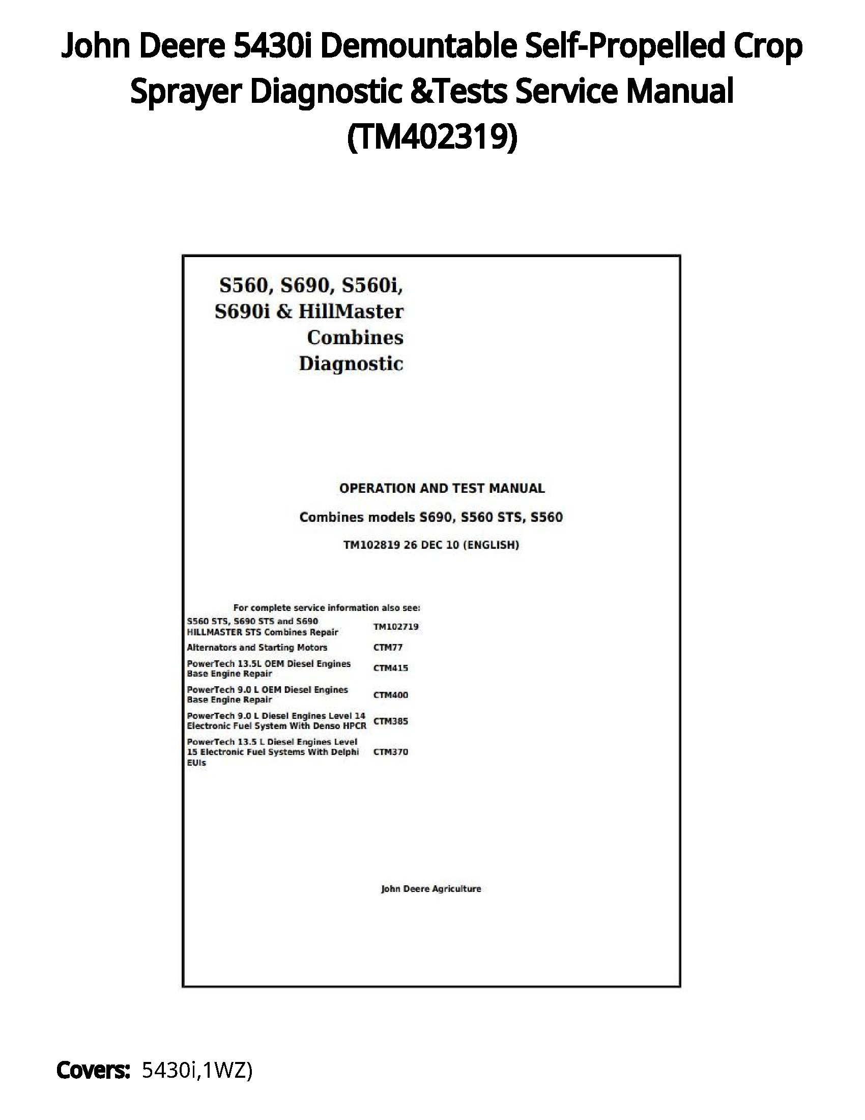 John Deere 5430i Demountable Self-Propelled Crop Sprayer Diagnostic &Tests Service Manual - TM402319