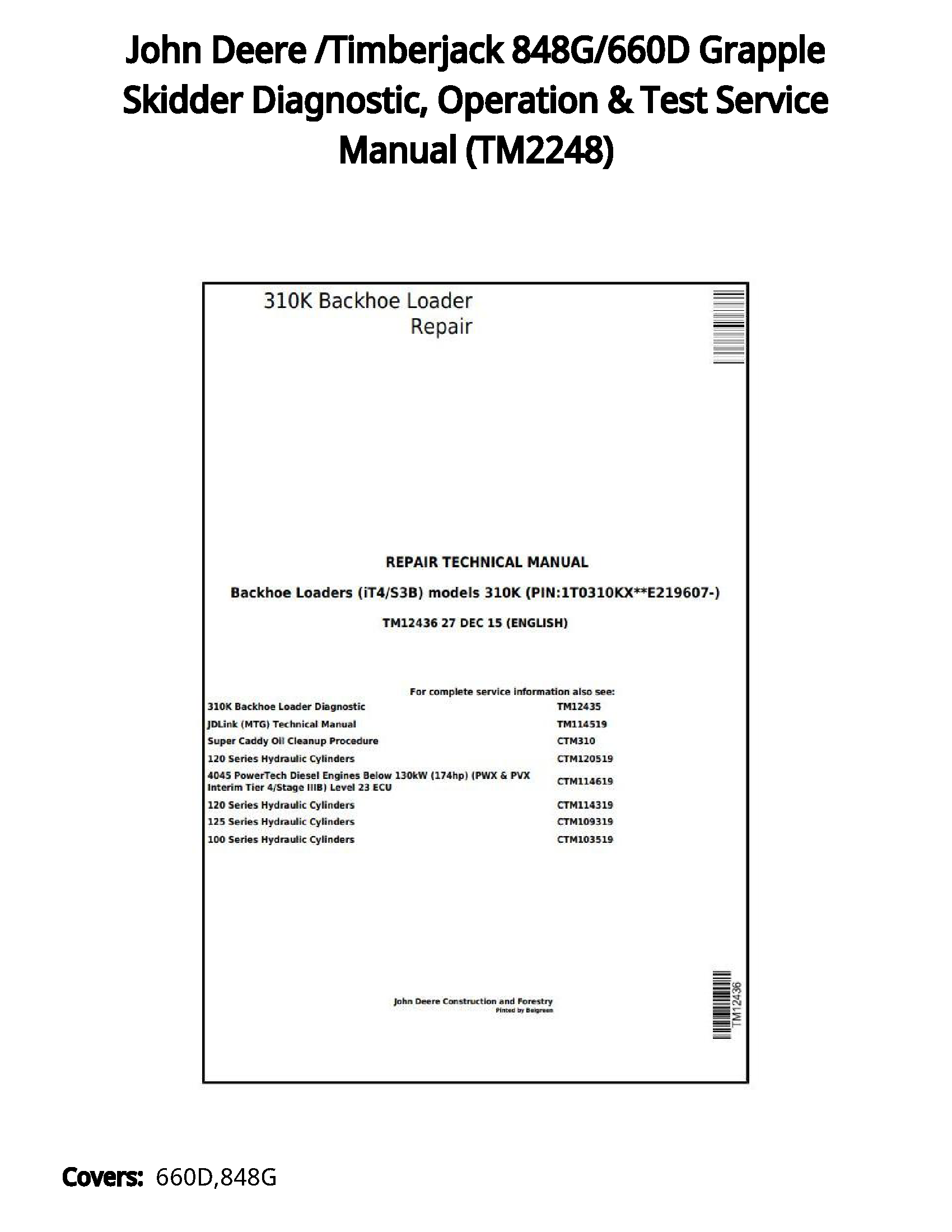 John Deere /Timberjack 848G/660D Grapple Skidder Diagnostic  Operation & Test Service Manual - TM2248