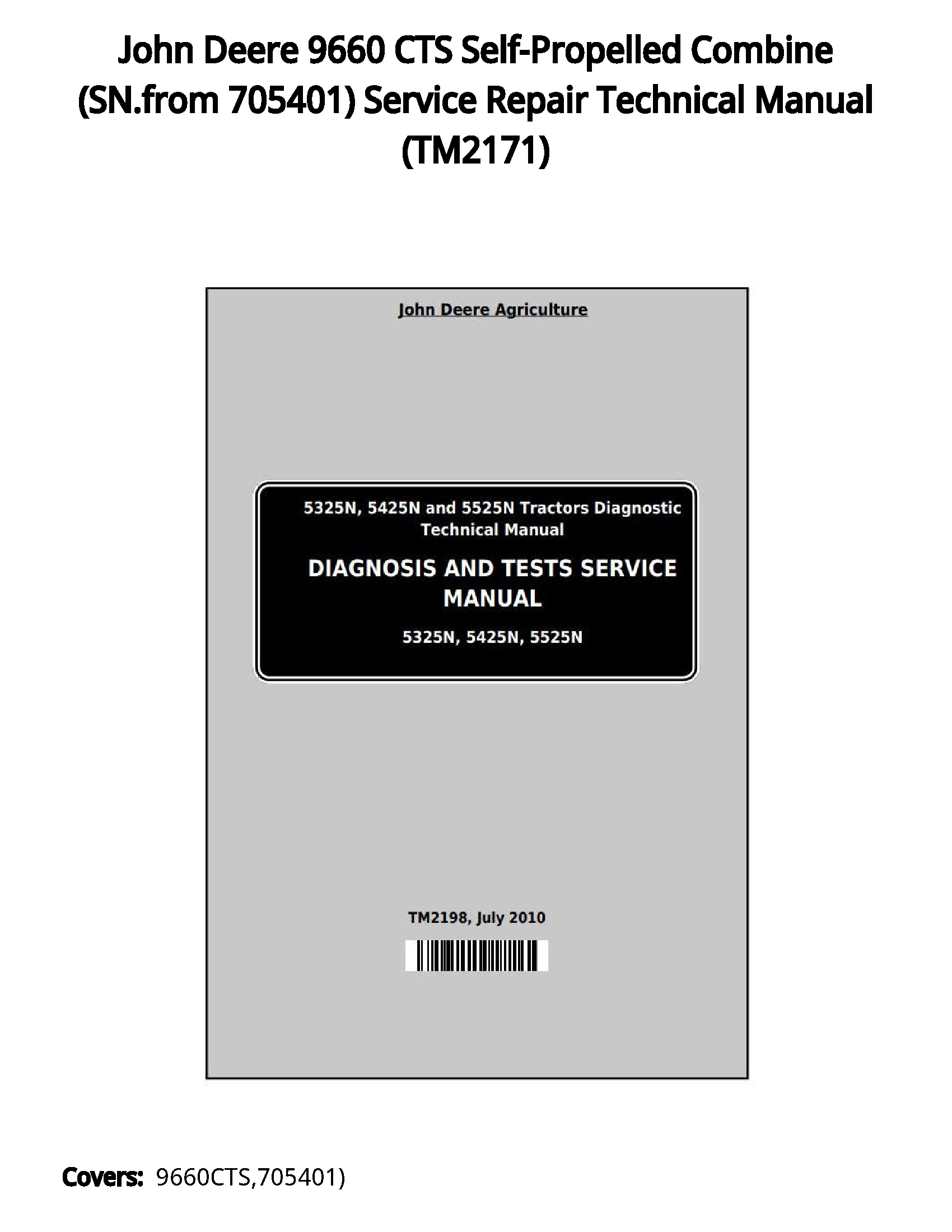 John Deere 9660 CTS Self-Propelled Combine (SN.from 705401) Service Repair Technical Manual - TM2171