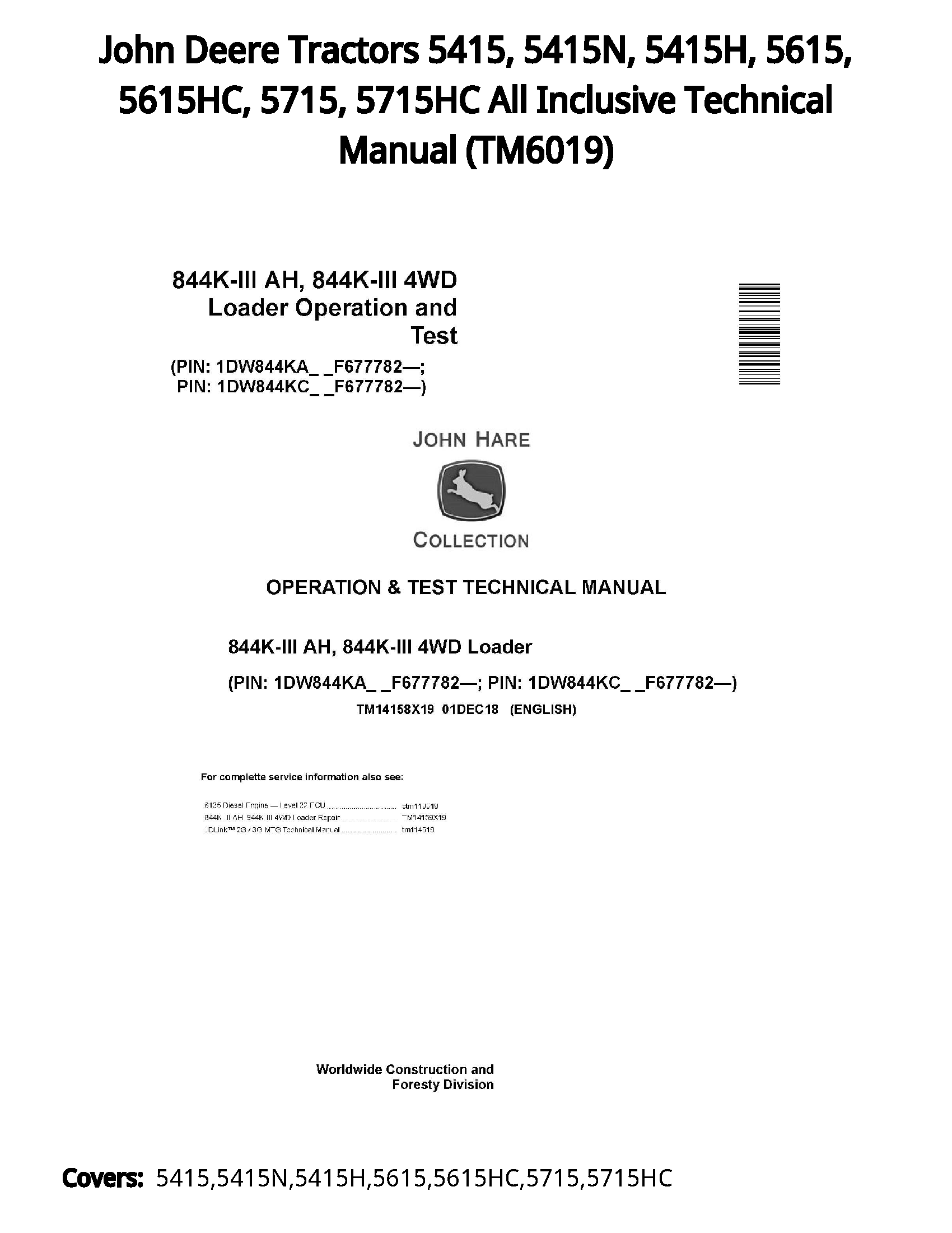 John Deere Tractors 5415  5415N  5415H  5615  5615HC  5715  5715HC All Inclusive Technical Manual - TM6019