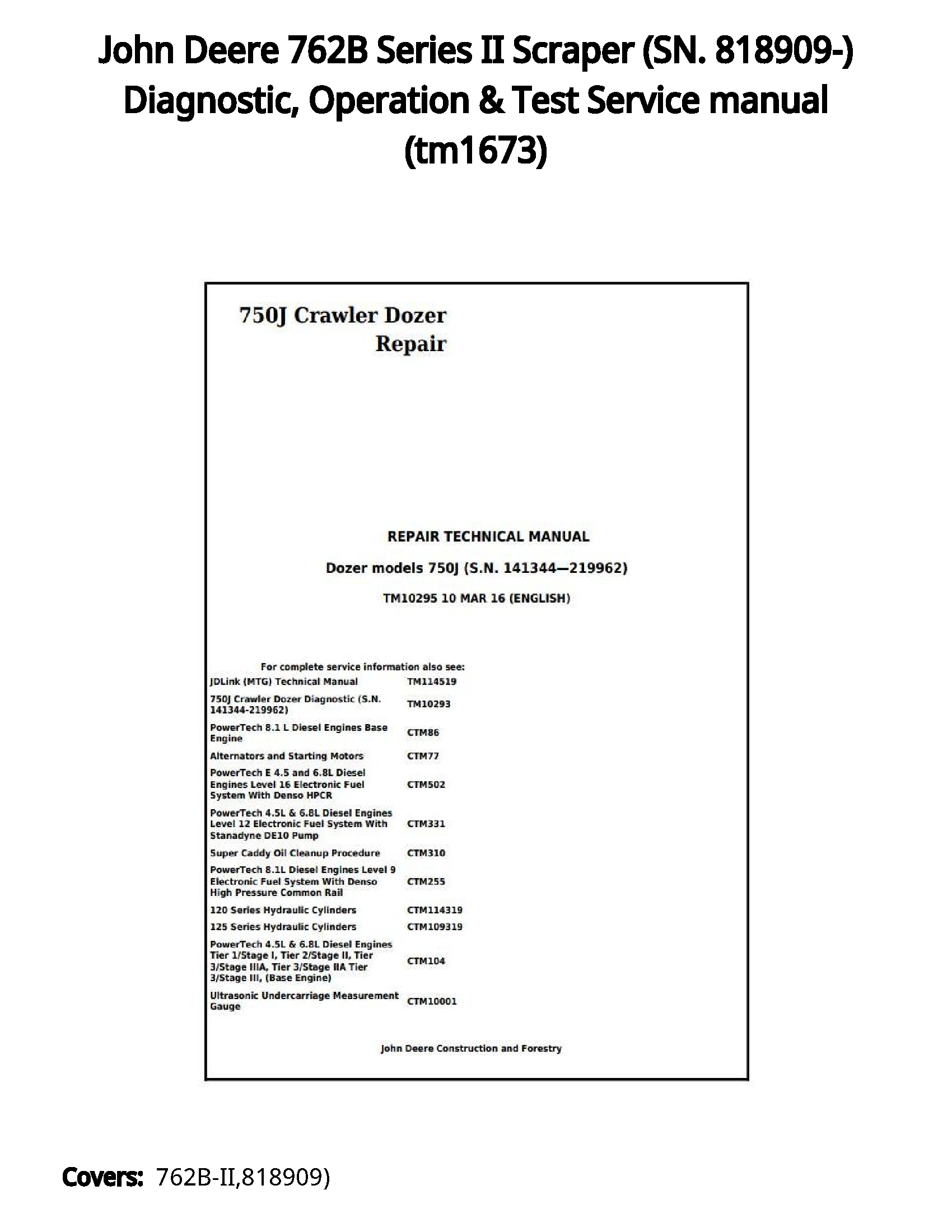 John Deere 762B Series II Scraper (SN. 818909-) Diagnostic  Operation & Test Service manual - tm1673