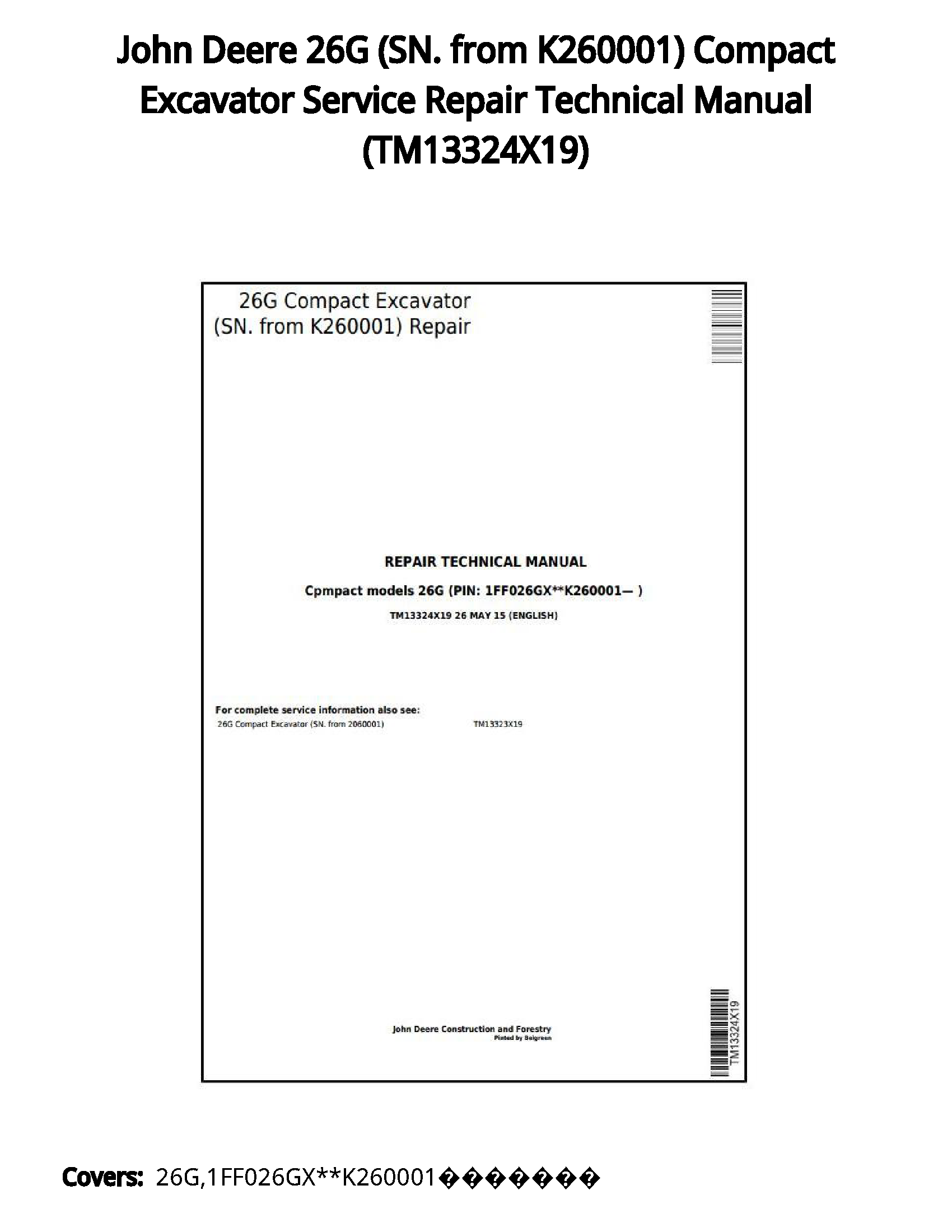 John Deere 26G (SN. from K260001) Compact Excavator Service Repair Technical Manual - TM13324X19