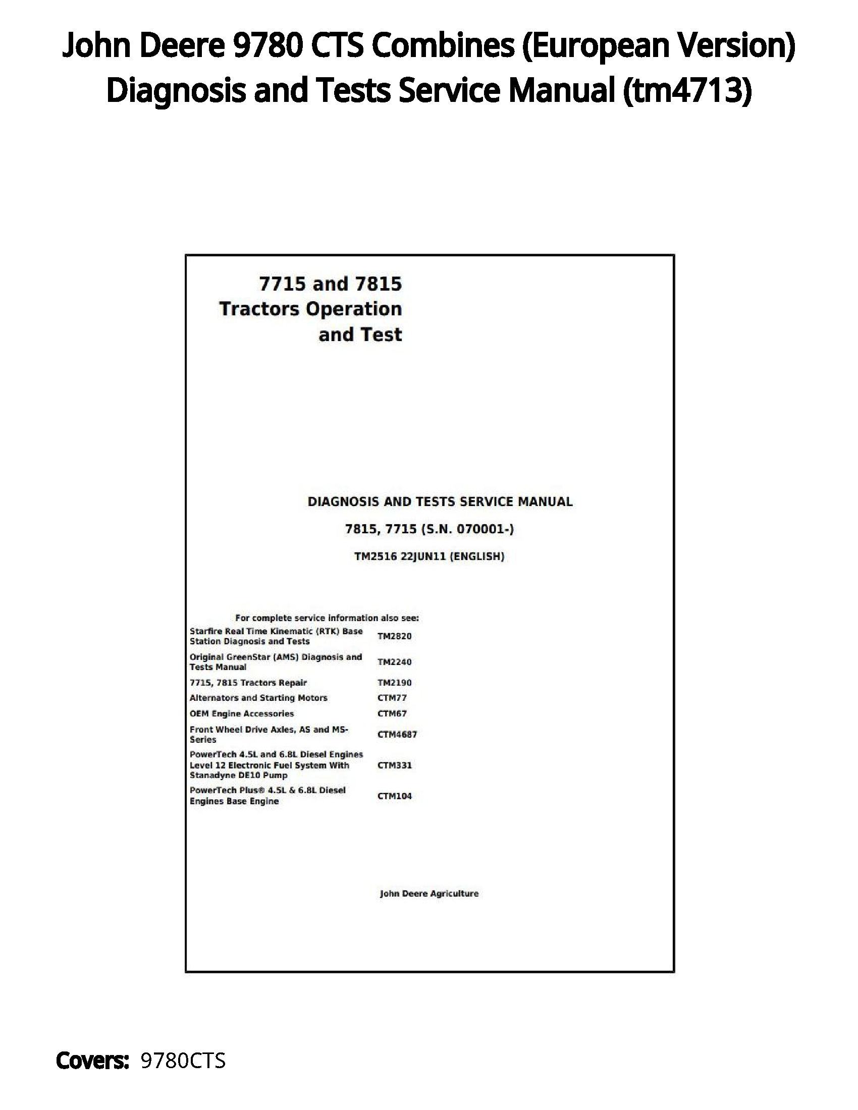 John Deere 9780 CTS Combines (European Version) Diagnosis and Tests Service Manual - tm4713