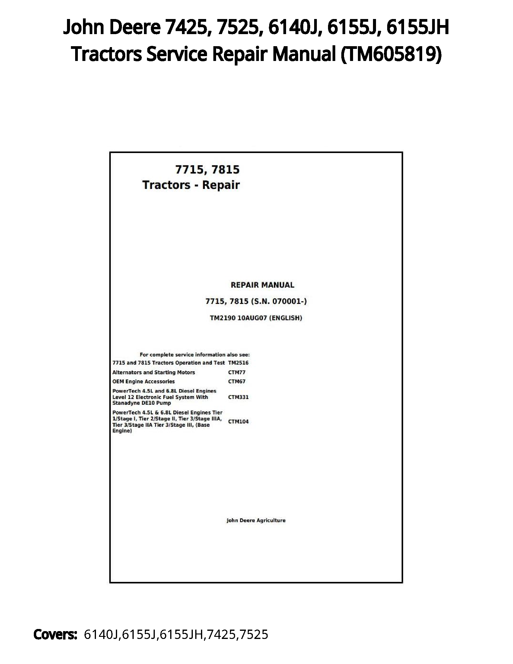 John Deere 7425  7525  6140J  6155J  6155JH Tractors Service Repair Manual - TM605819