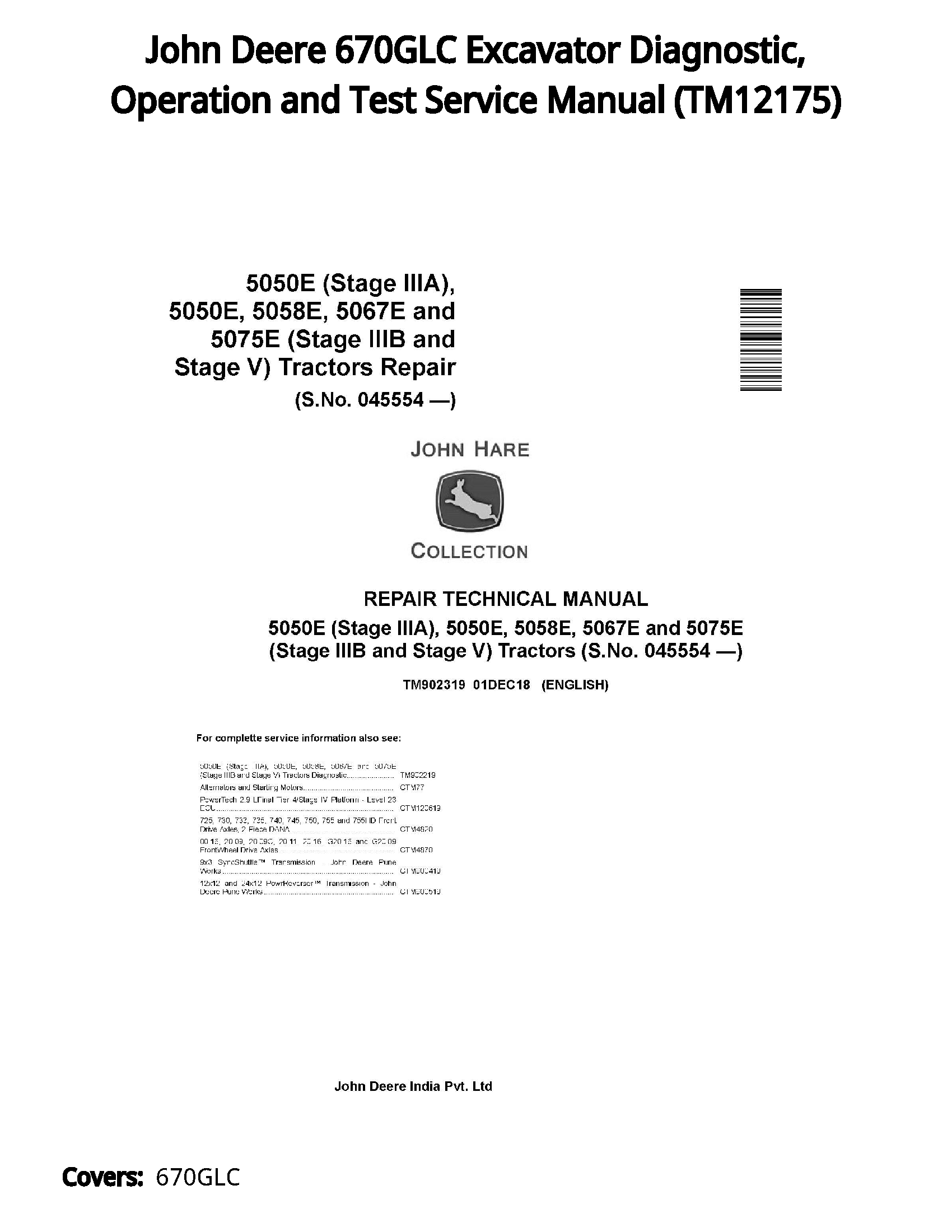 John Deere 670GLC Excavator Diagnostic  Operation and Test Service Manual - TM12175