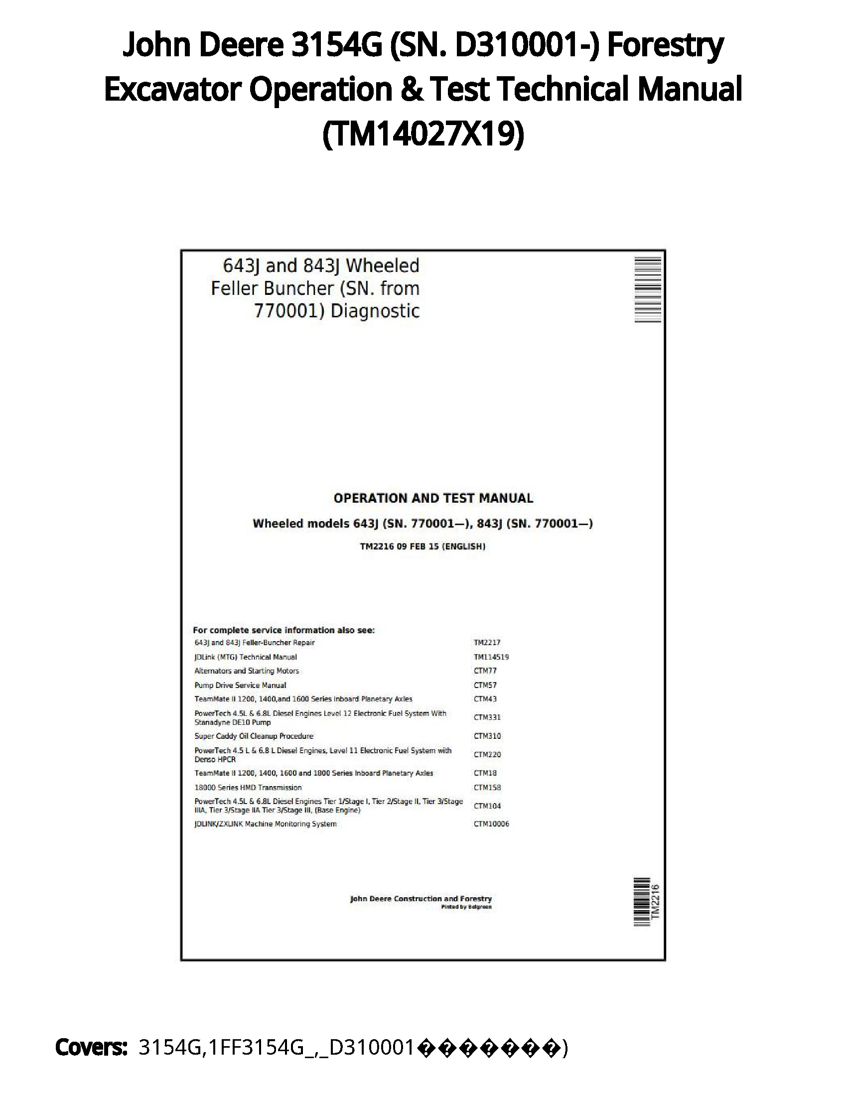 John Deere 3154G (SN. D310001-) Forestry Excavator Operation & Test Technical Manual - TM14027X19