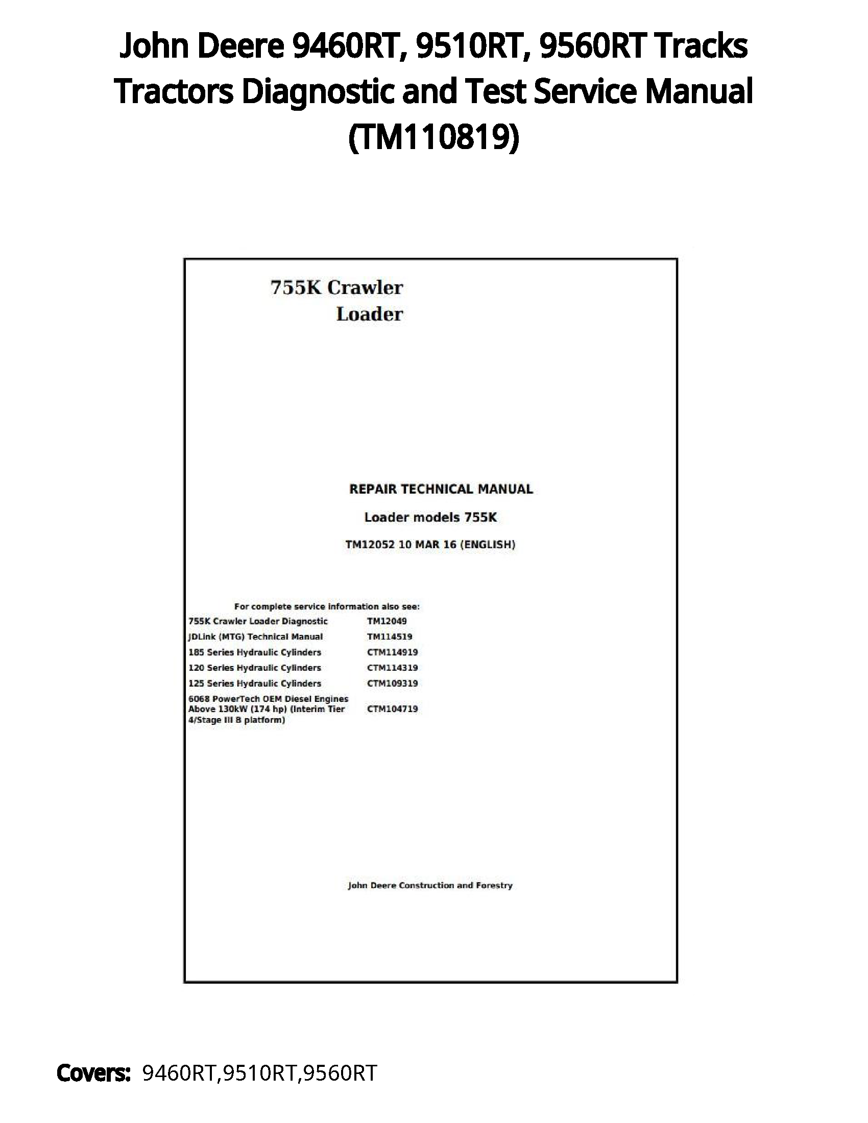 John Deere 9460RT  9510RT  9560RT Tracks Tractors Diagnostic and Test Service Manual - TM110819