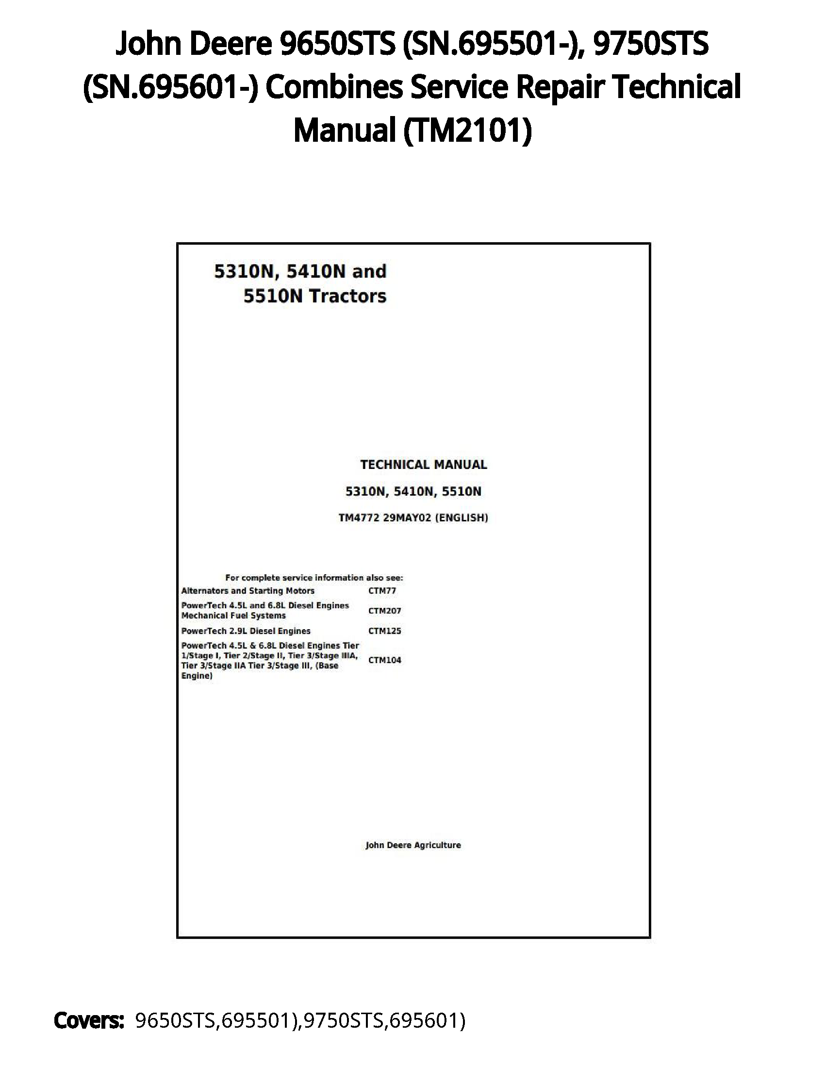 John Deere 9650STS (SN.695501-)  9750STS (SN.695601-) Combines Service Repair Technical Manual - TM2101