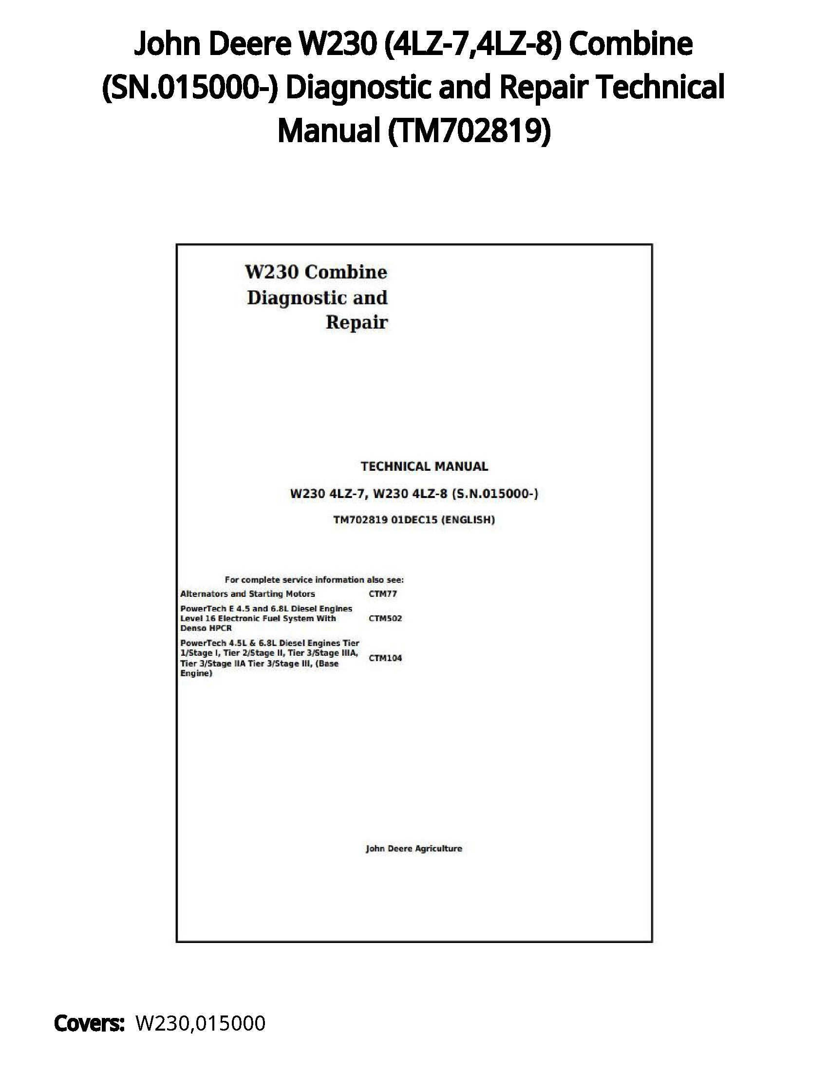 John Deere W230 (4LZ-7 4LZ-8) Combine (SN.015000-) Diagnostic and Repair Technical Manual - TM702819