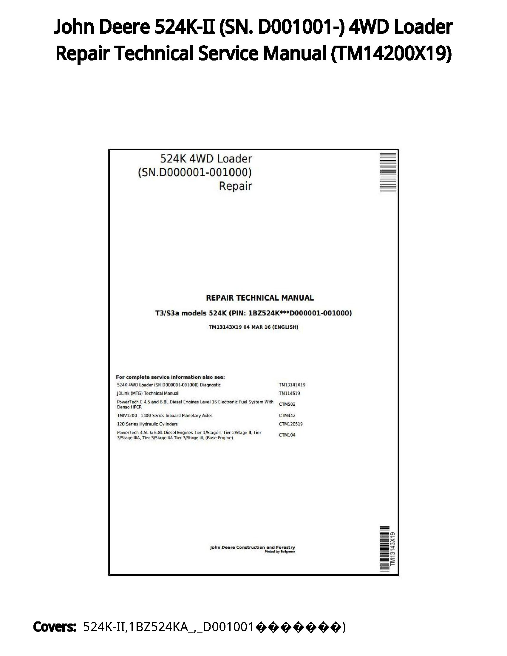 John Deere 524K-II (SN. D001001-) 4WD Loader Repair Technical Service Manual - TM14200X19