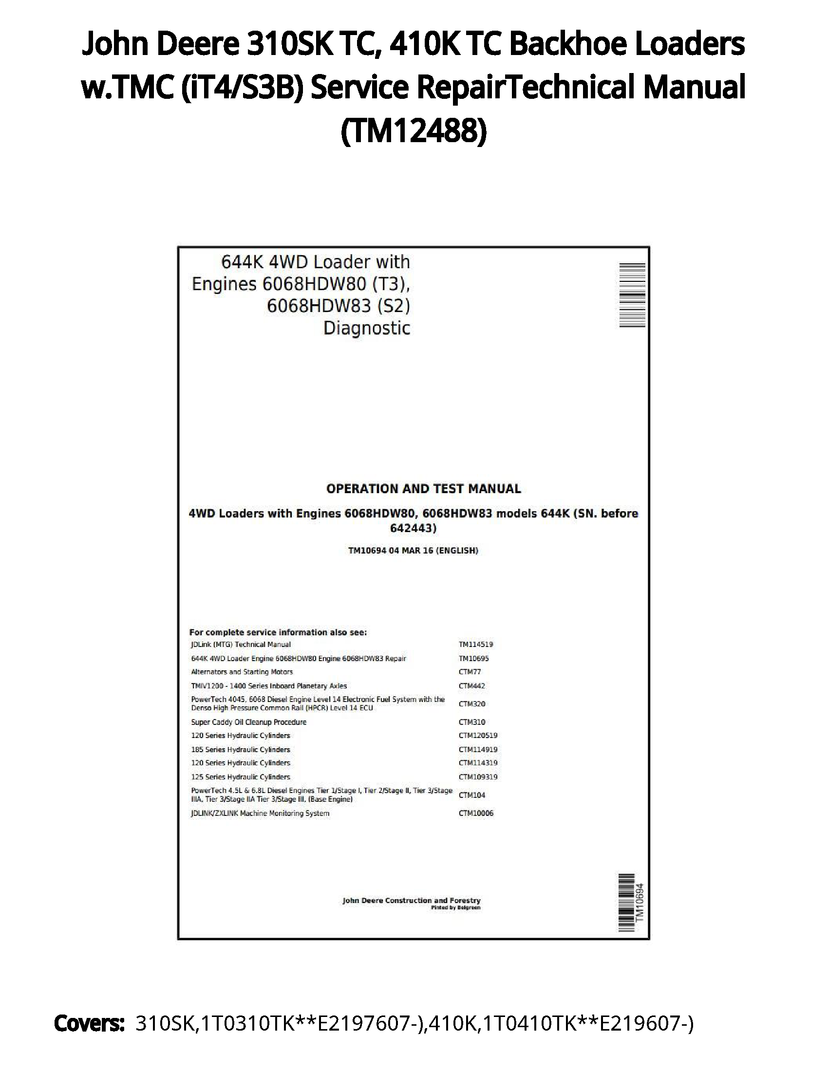 John Deere 310SK TC  410K TC Backhoe Loaders w.TMC (iT4/S3B) Service RepairTechnical Manual - TM12488