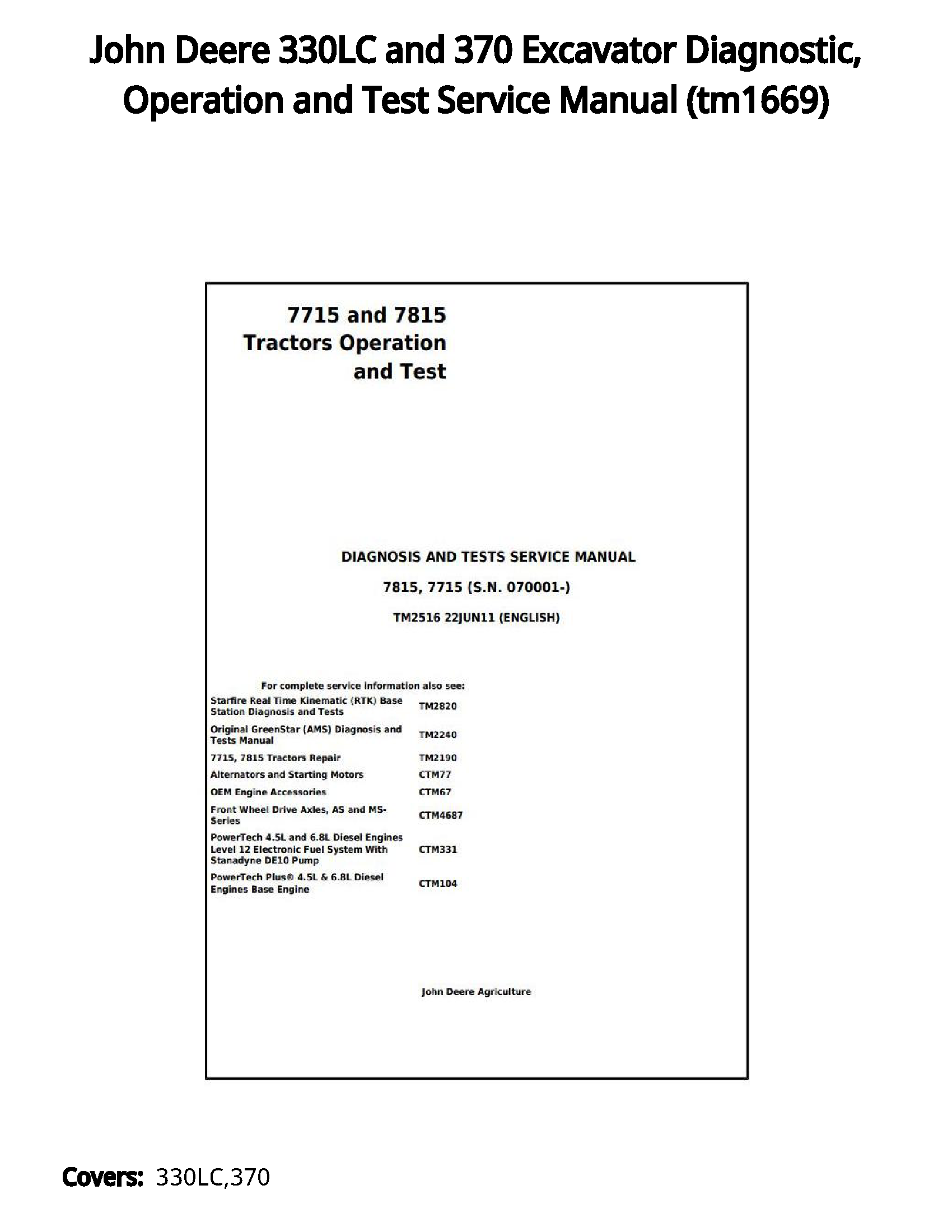 John Deere 330LC and 370 Excavator Diagnostic  Operation and Test Service Manual - tm1669