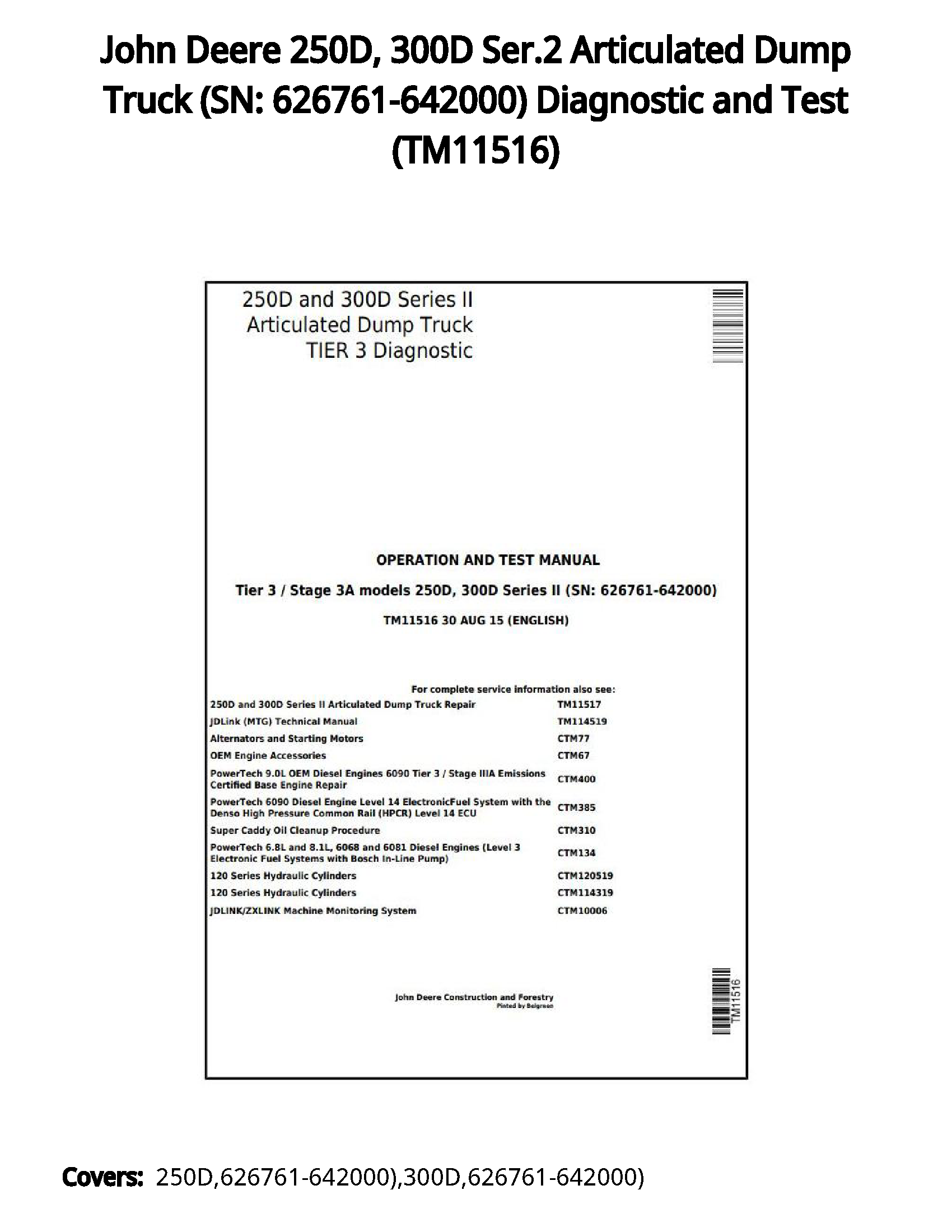 John Deere 250D  300D Ser.2 Articulated Dump Truck (SN: 626761-642000) Diagnostic and Test - TM11516