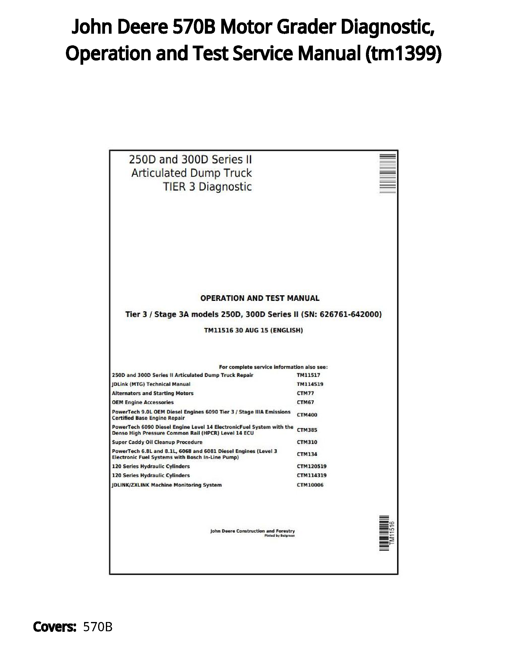 John Deere 570B Motor Grader Diagnostic  Operation and Test Service Manual - tm1399