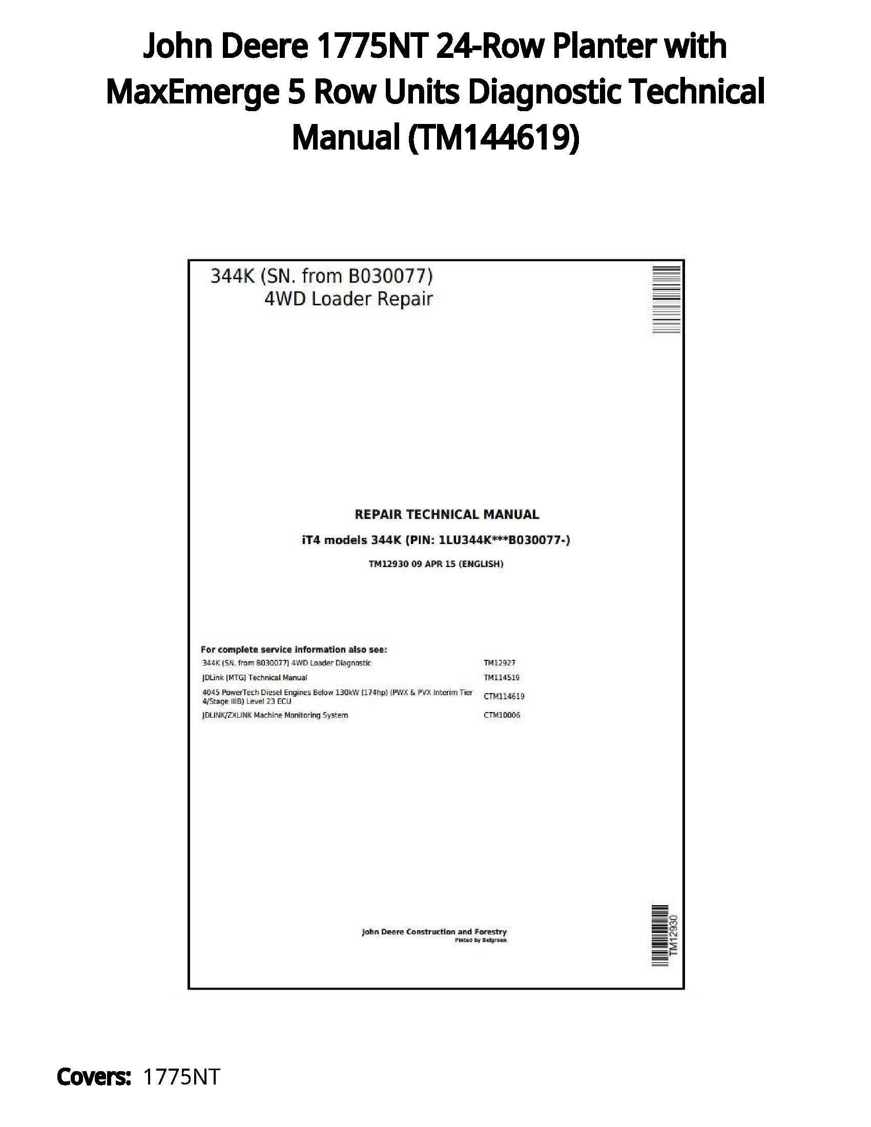 John Deere 1775NT 24-Row Planter with MaxEmerge 5 Row Units Diagnostic Technical Manual - TM144619