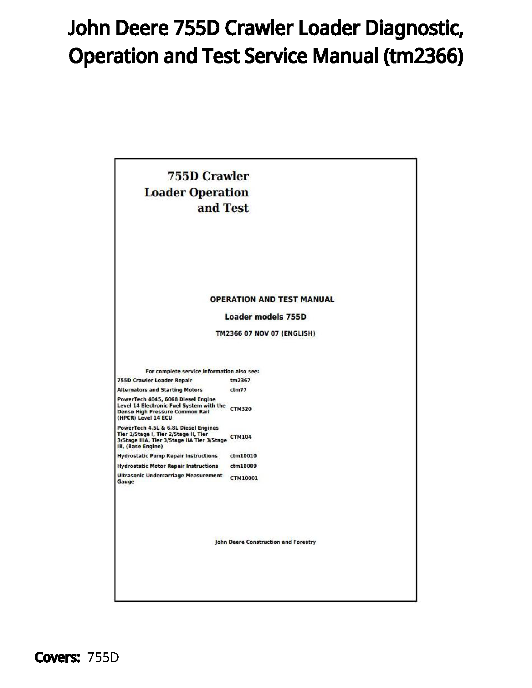 John Deere 755D Crawler Loader Diagnostic  Operation and Test Service Manual - tm2366
