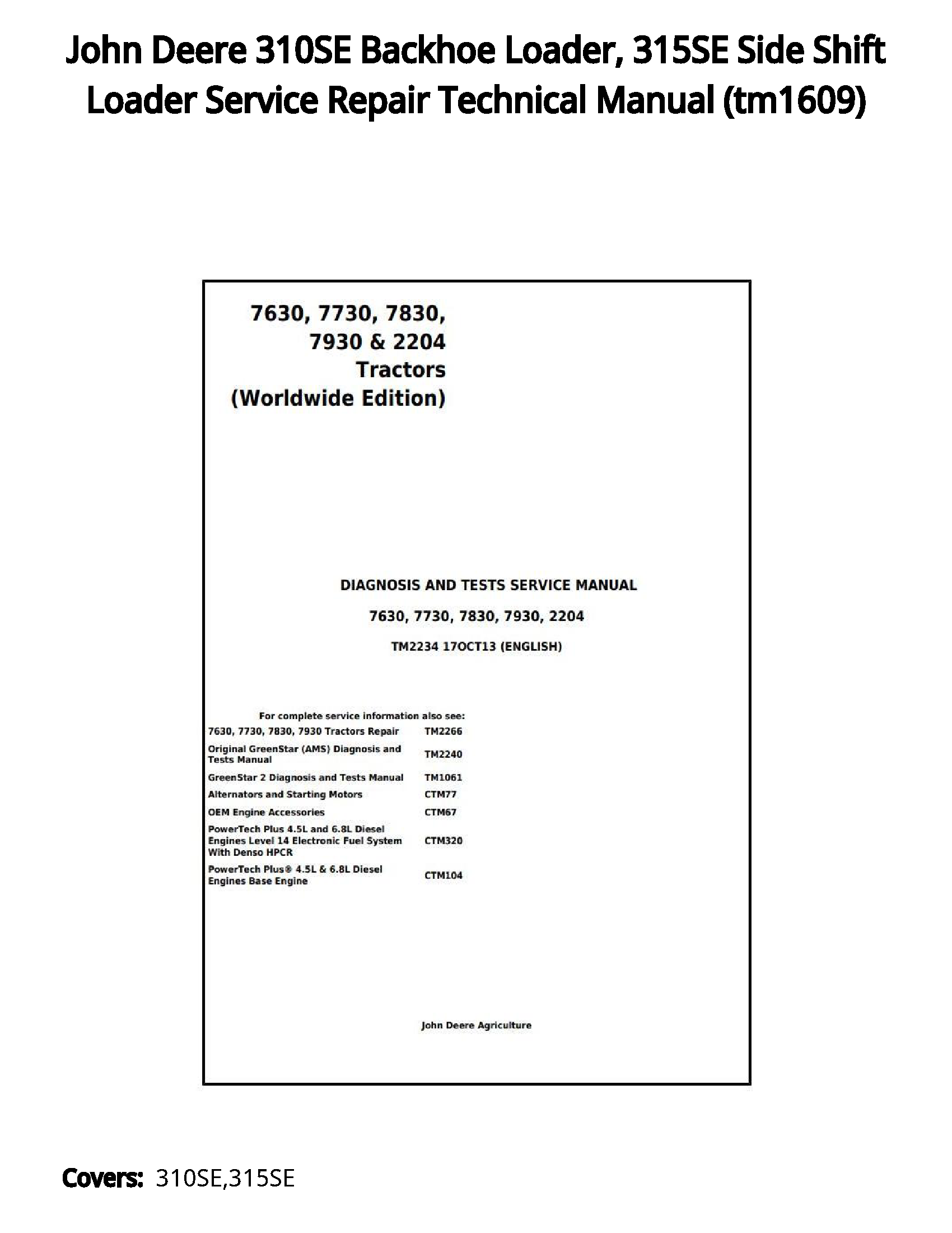 John Deere 310SE Backhoe Loader  315SE Side Shift Loader Service Repair Technical Manual - tm1609