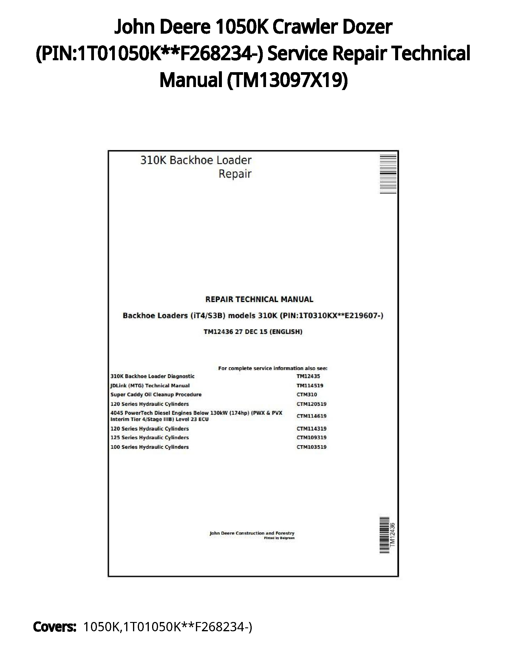 John Deere 1050K Crawler Dozer (PIN:1T01050K**F268234-) Service Repair Technical Manual - TM13097X19