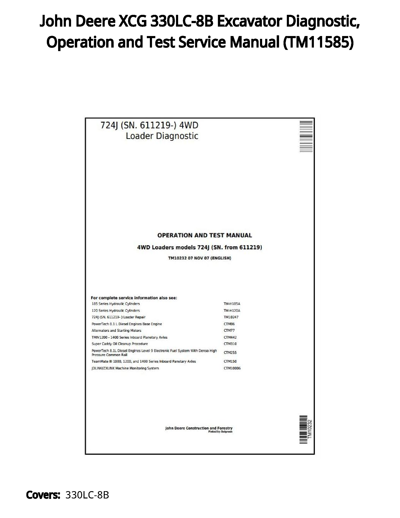 John Deere XCG 330LC-8B Excavator Diagnostic  Operation and Test Service Manual - TM11585