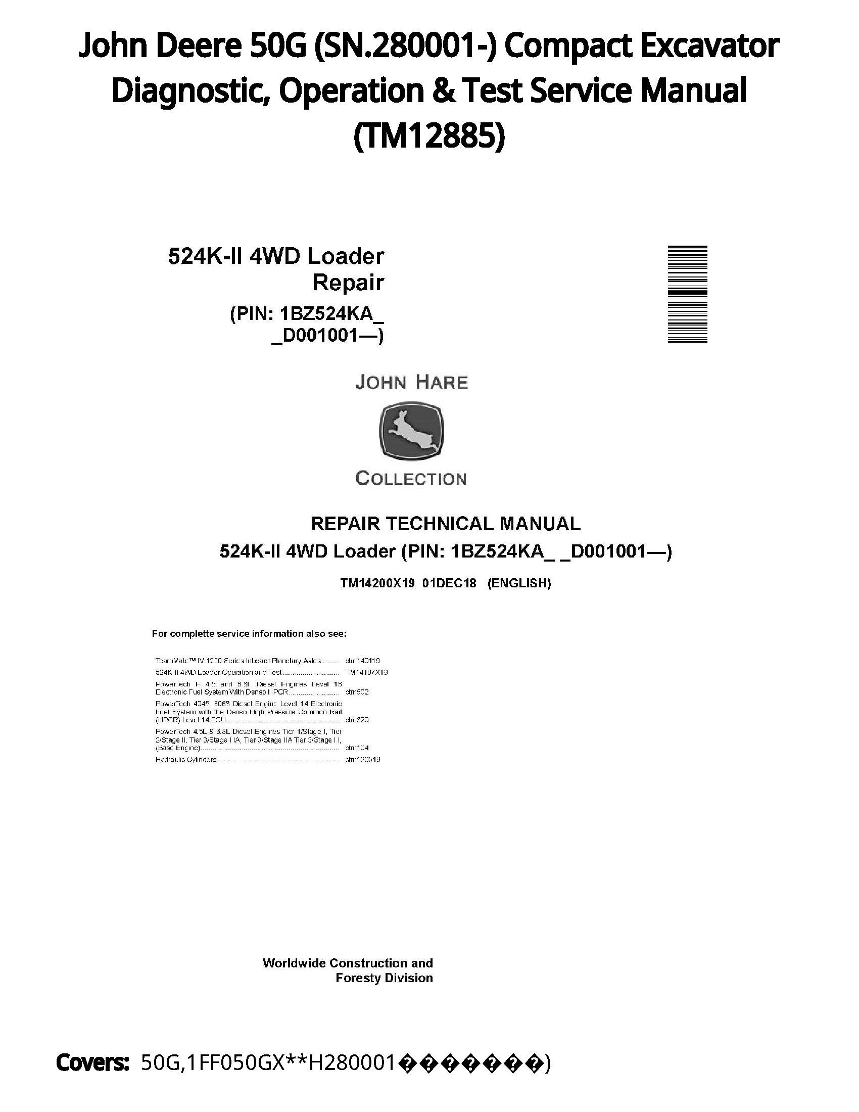 John Deere 50G (SN.280001-) Compact Excavator Diagnostic  Operation & Test Service Manual - TM12885