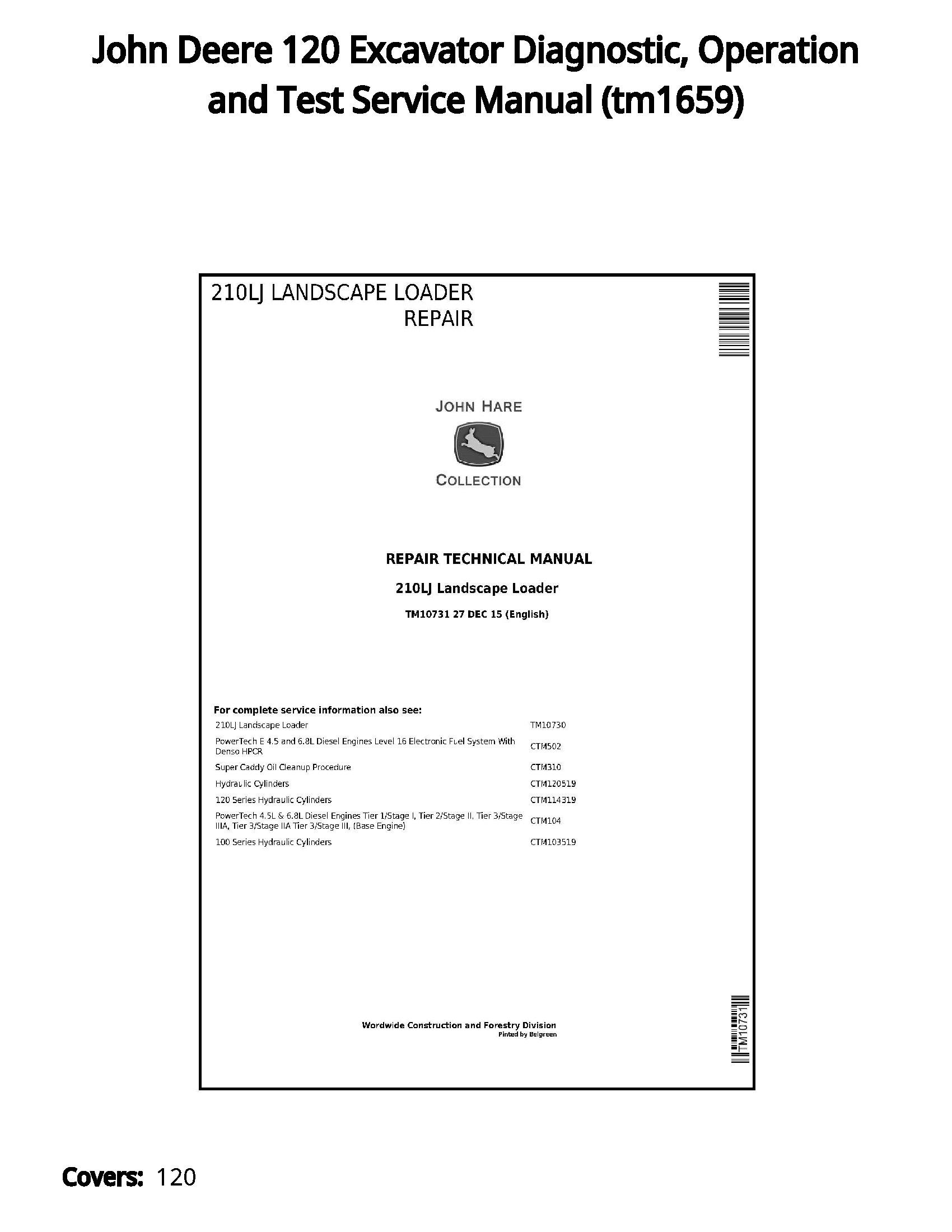 John Deere 120 Excavator Diagnostic  Operation and Test Service Manual - tm1659