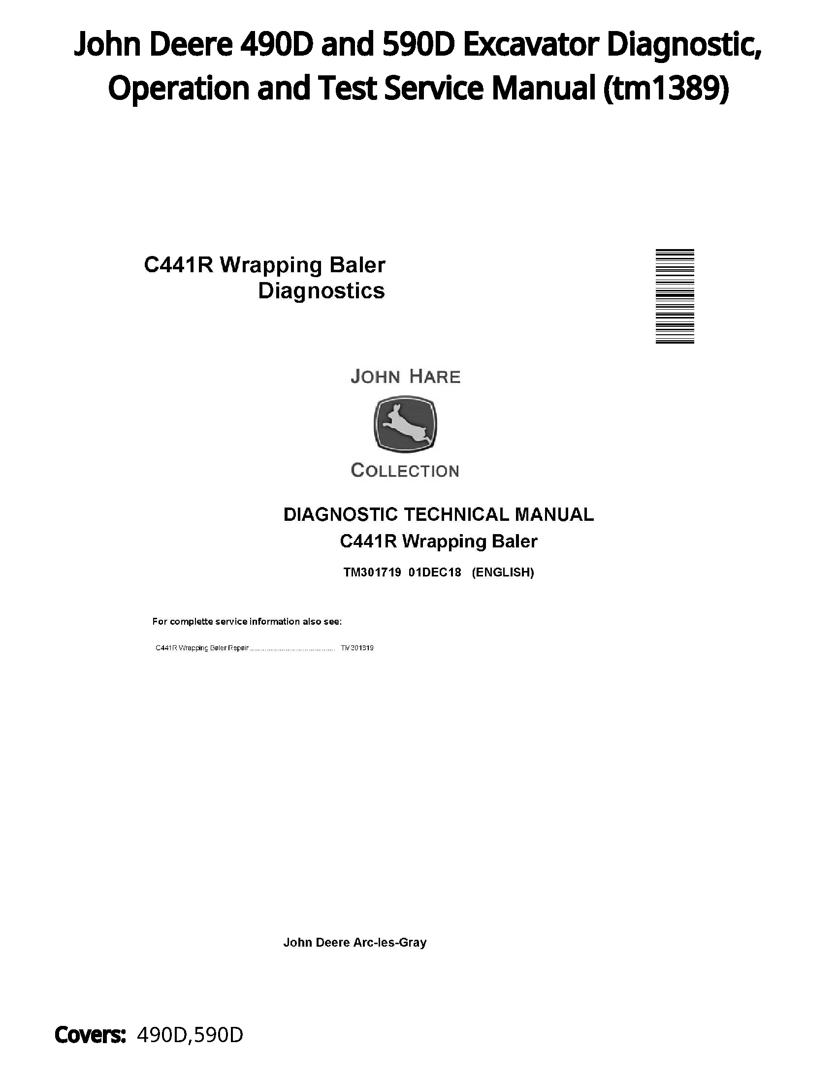 John Deere 490D and 590D Excavator Diagnostic  Operation and Test Service Manual - tm1389