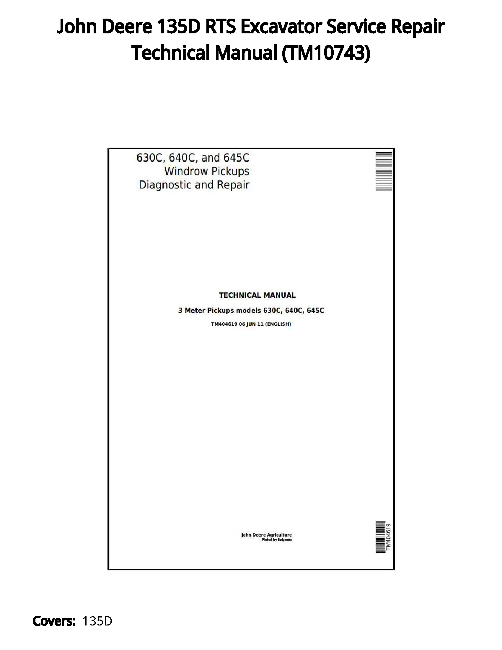 John Deere 135D RTS Excavator Service Repair Technical Manual - TM10743