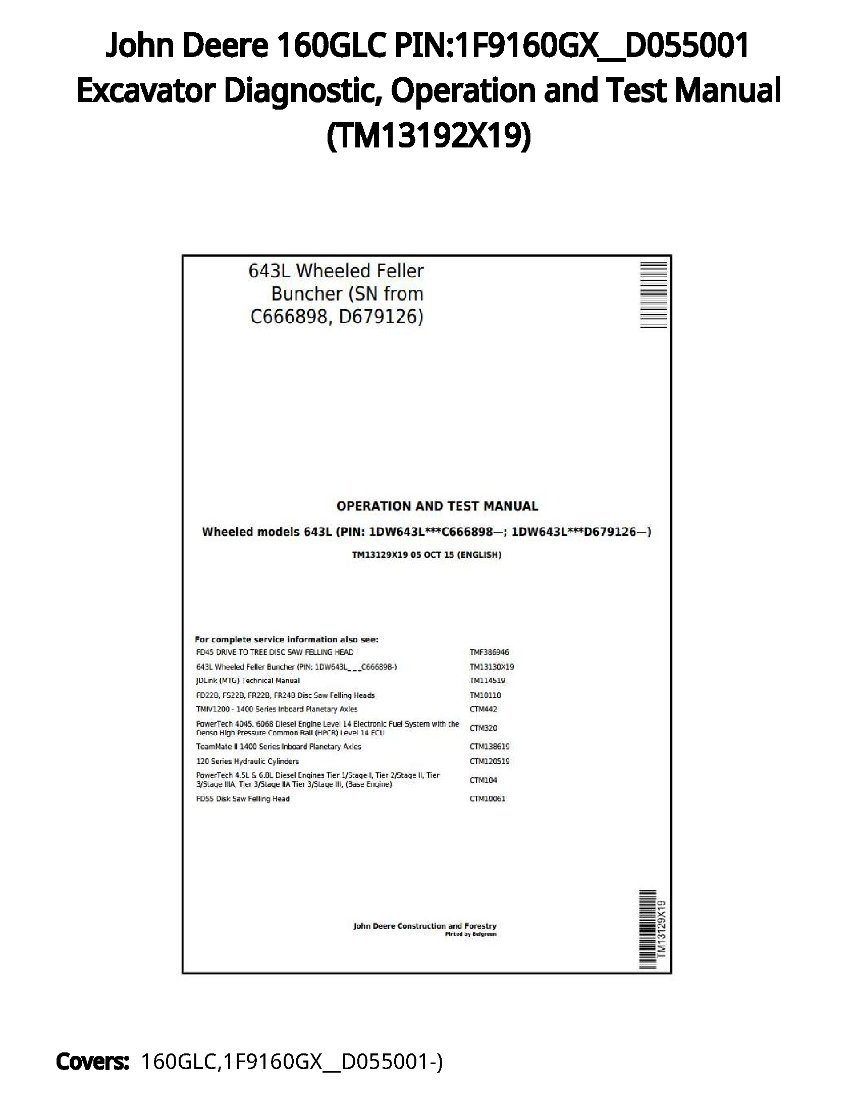 John Deere 160GLC PIN:1F9160GX__D055001 Excavator Diagnostic  Operation and Test Manual - TM13192X19