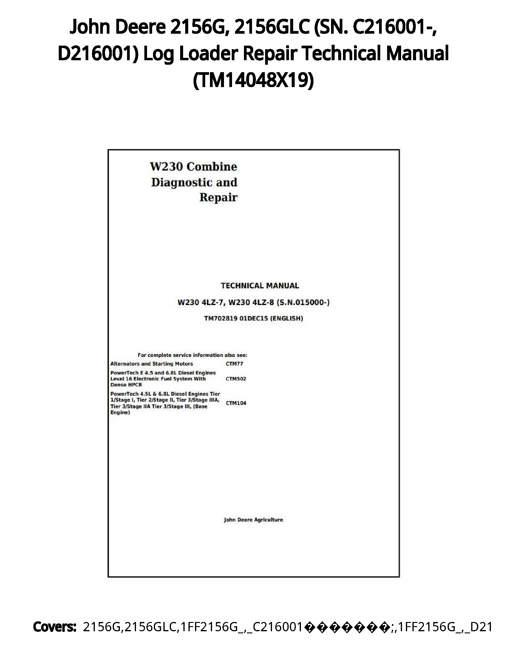 John Deere 2156G  2156GLC (SN. C216001-  D216001) Log Loader Repair Technical Manual - TM14048X19