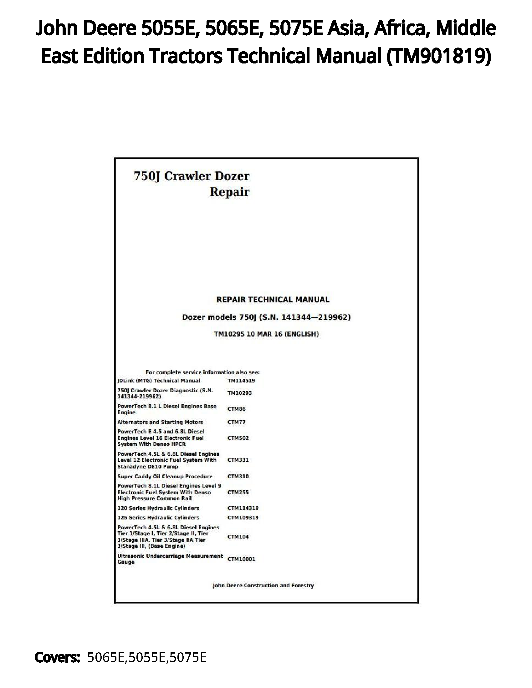 John Deere 5055E  5065E  5075E Asia  Africa  Middle East Edition Tractors Technical Manual - TM901819