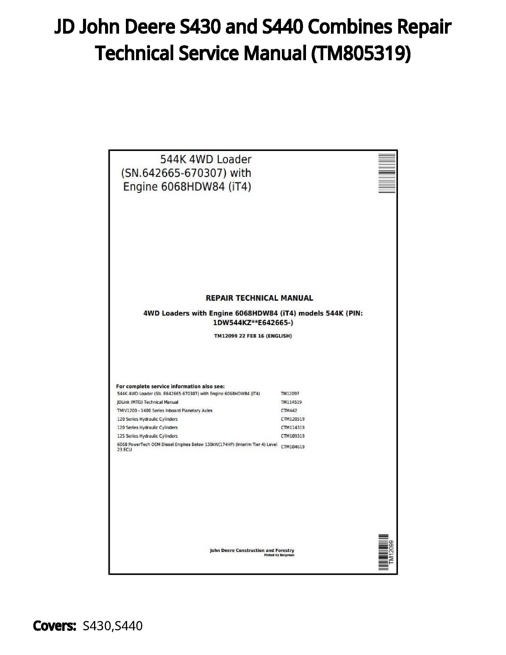 JD John Deere S430 and S440 Combines Repair Technical Service Manual - TM805319