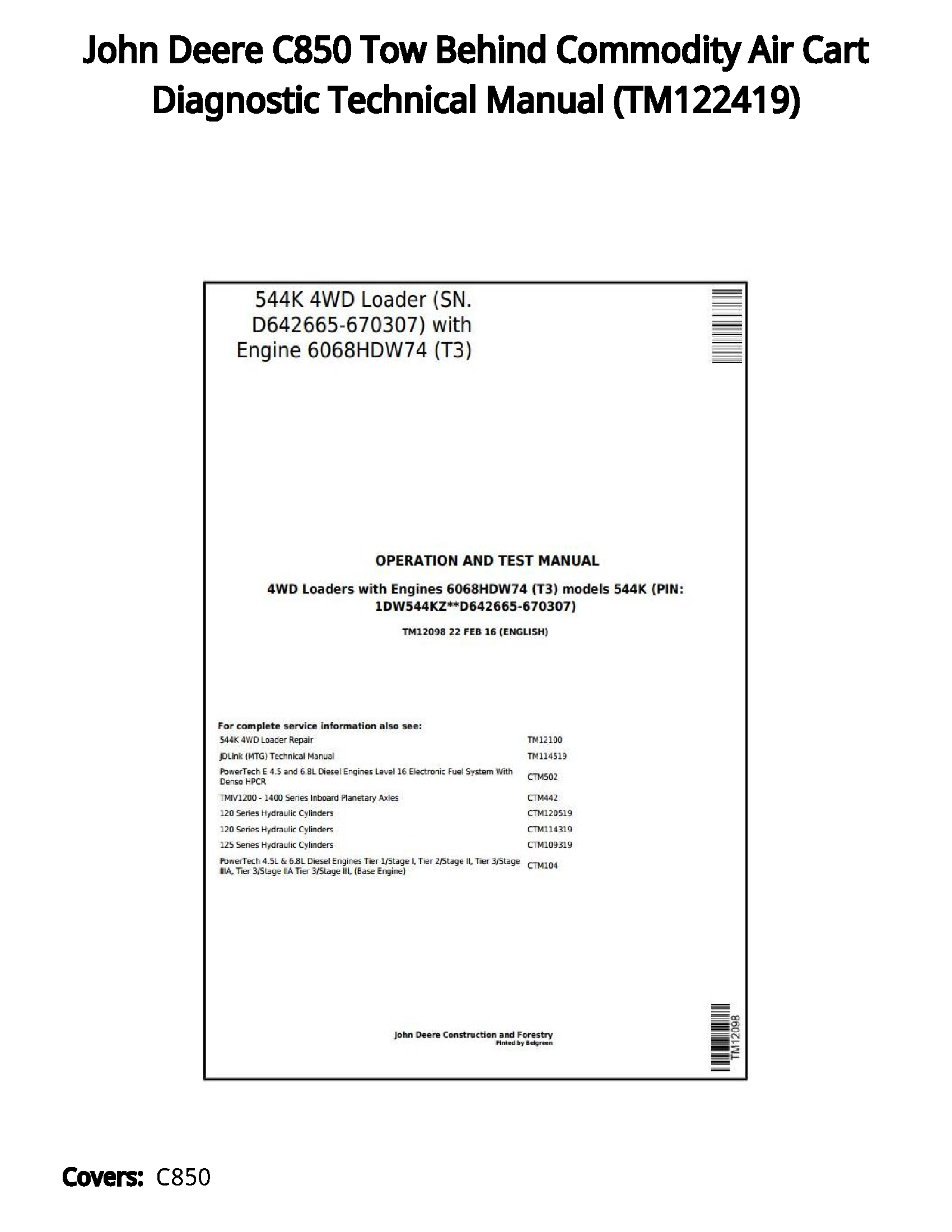 John Deere C850 Tow Behind Commodity Air Cart Diagnostic Technical Manual - TM122419