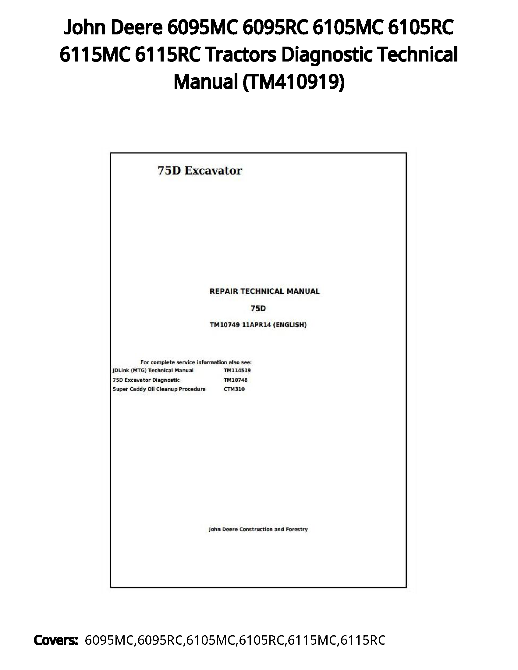 John Deere 6095MC 6095RC 6105MC 6105RC 6115MC 6115RC Tractors Diagnostic Technical Manual - TM410919