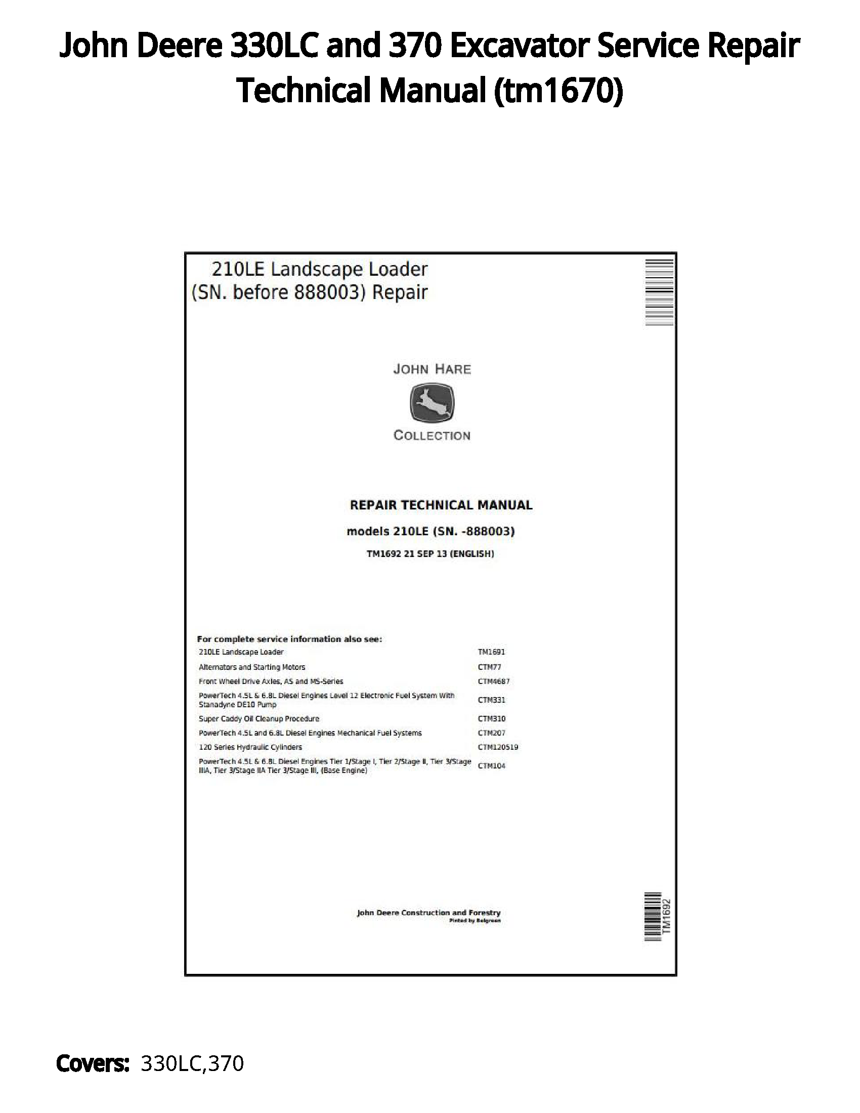 John Deere 330LC and 370 Excavator Service Repair Technical Manual - tm1670