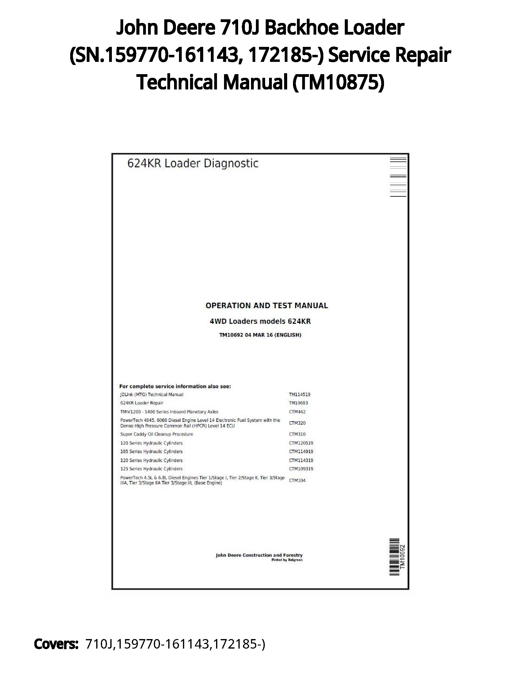 John Deere 710J Backhoe Loader (SN.159770-161143  172185-) Service Repair Technical Manual - TM10875